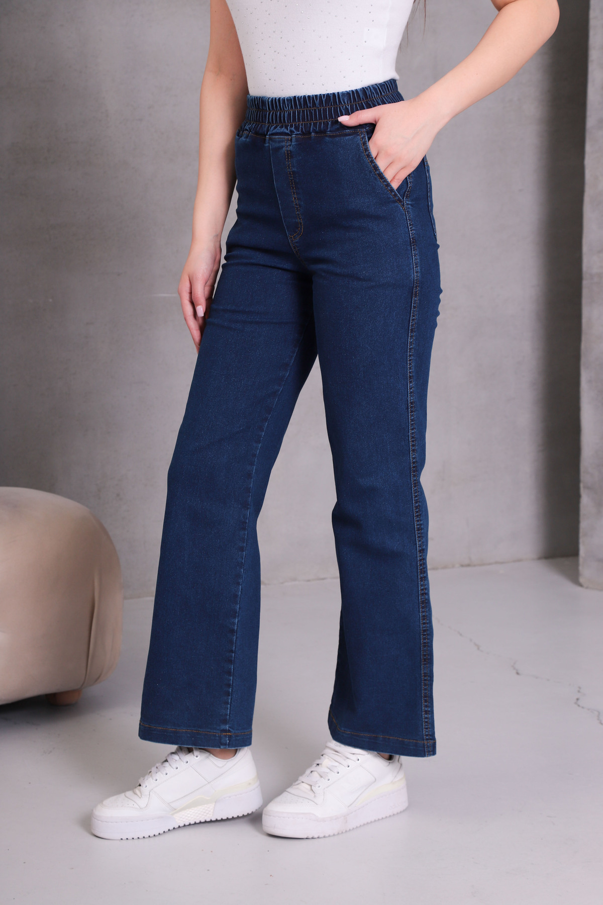 NEŞA KOTÇU  LACİVERT Kadın Kot Pantolon Beli Lastikli Yüksek Bel Likralı PLAZZO Büyük-Küçük Beden Jeans - Görsel 3