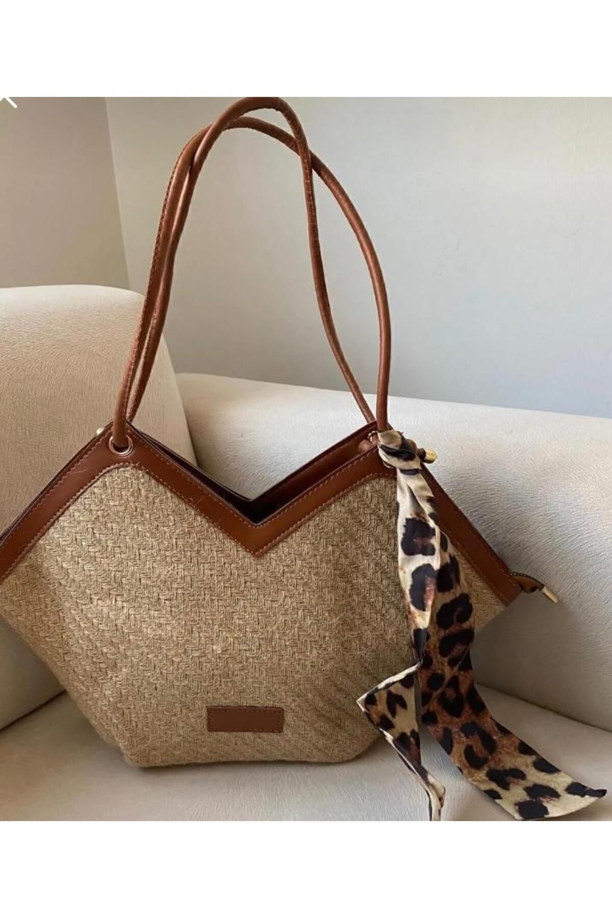 cosybag. YAZLIK FERMUAR KAPAMALI FULAR DETAYLI HASIR GÜNLÜK EL Ve OMUZ ÇANTASII