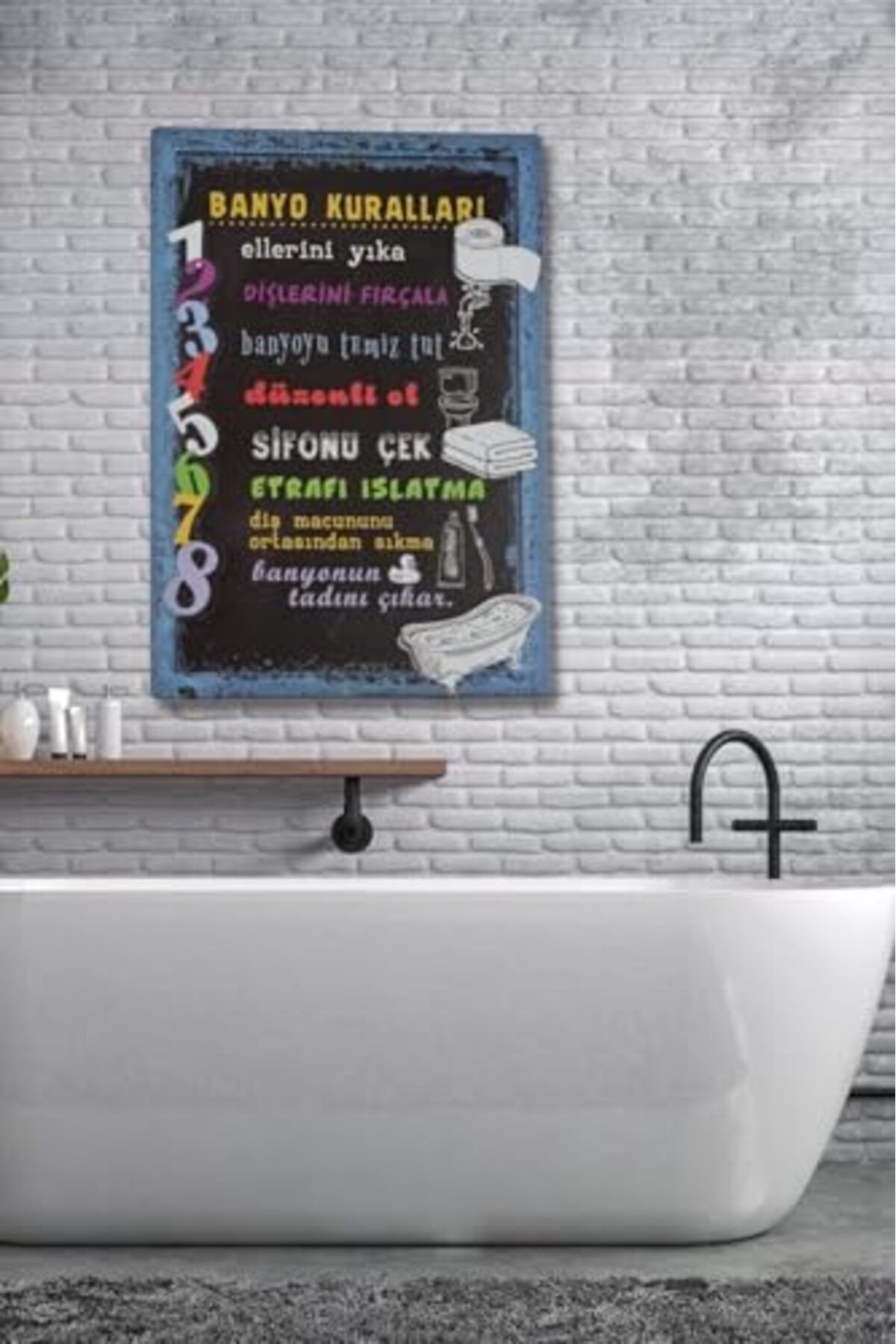ShopZum 3 Boyutlu Ahşap Tablo - Banyo Kuralları Banyo İçin 3D Görünümlü Mdf Duvar Dekoru 20X30 Cm