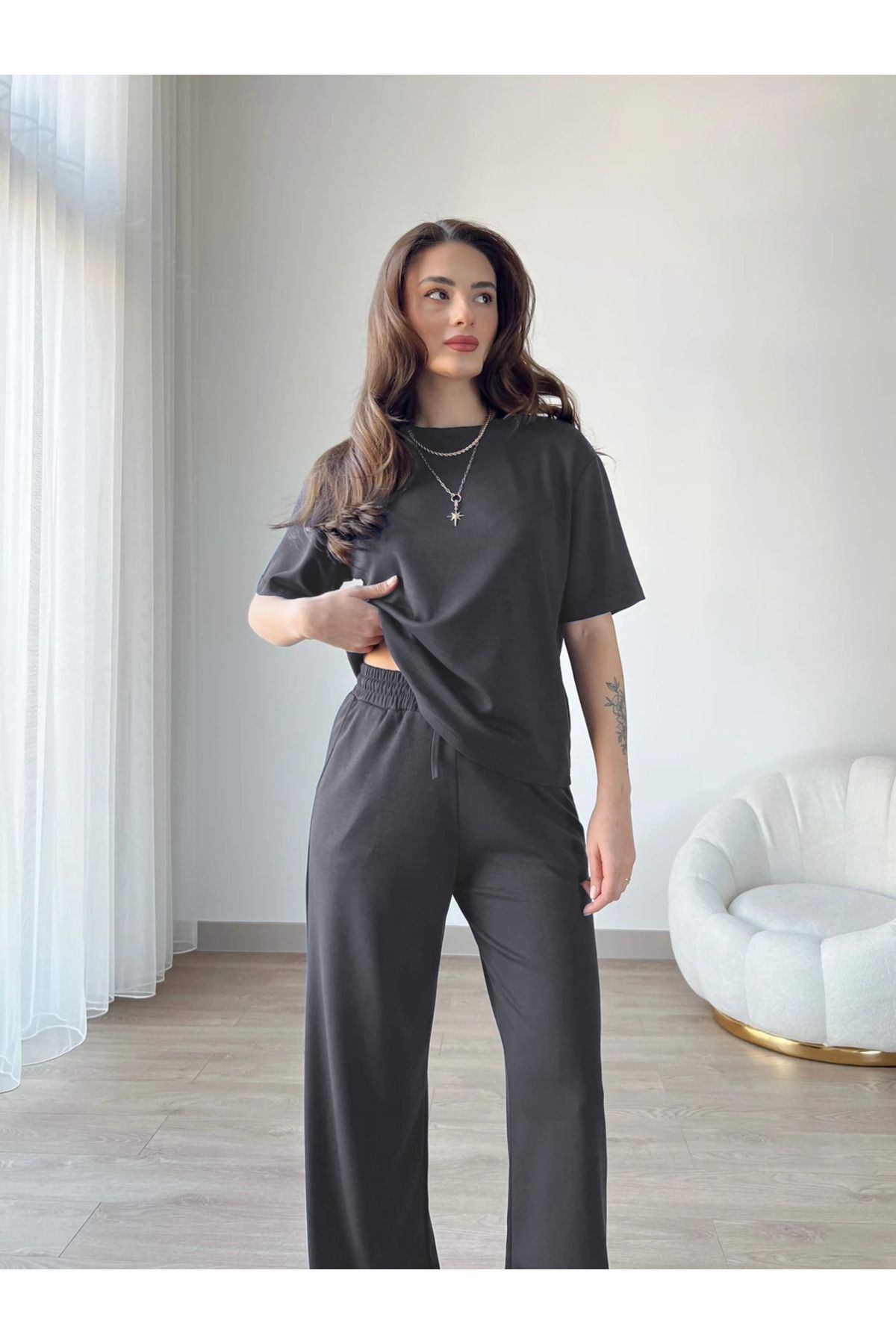 CMZ COLLECTİON Kadın Basic Oversize Kısa Kollu T-Shirt ve Lastikli Pantolon Takım