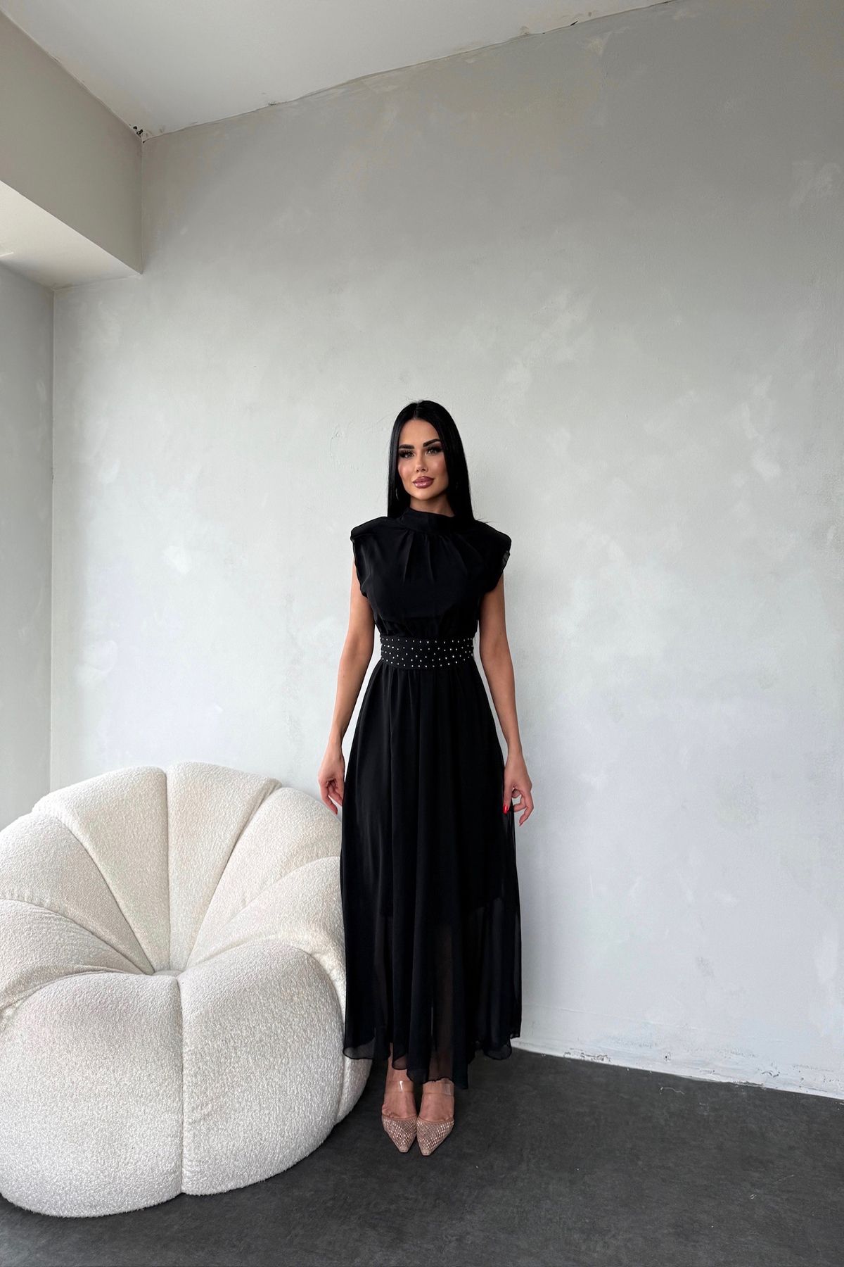 Neşeli Butik kadın kuşağı taş detaylı midi şifon elbise NBMY3509