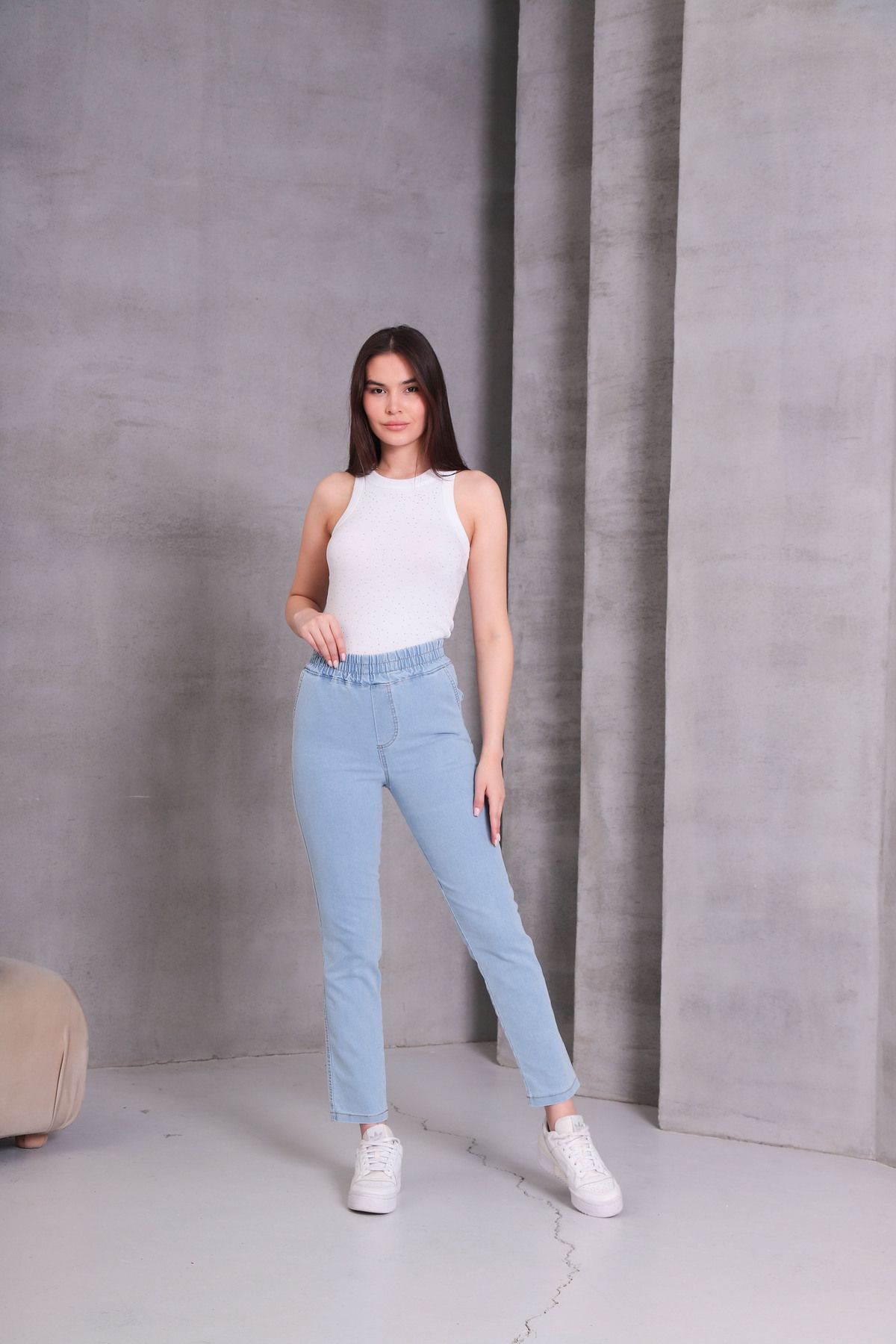 NEŞA KOTÇU BUZ MAVİ Kadın Kot Pantolon Beli Lastikli Yüksek Bel Likralı Büyük-Küçük Beden Jeans