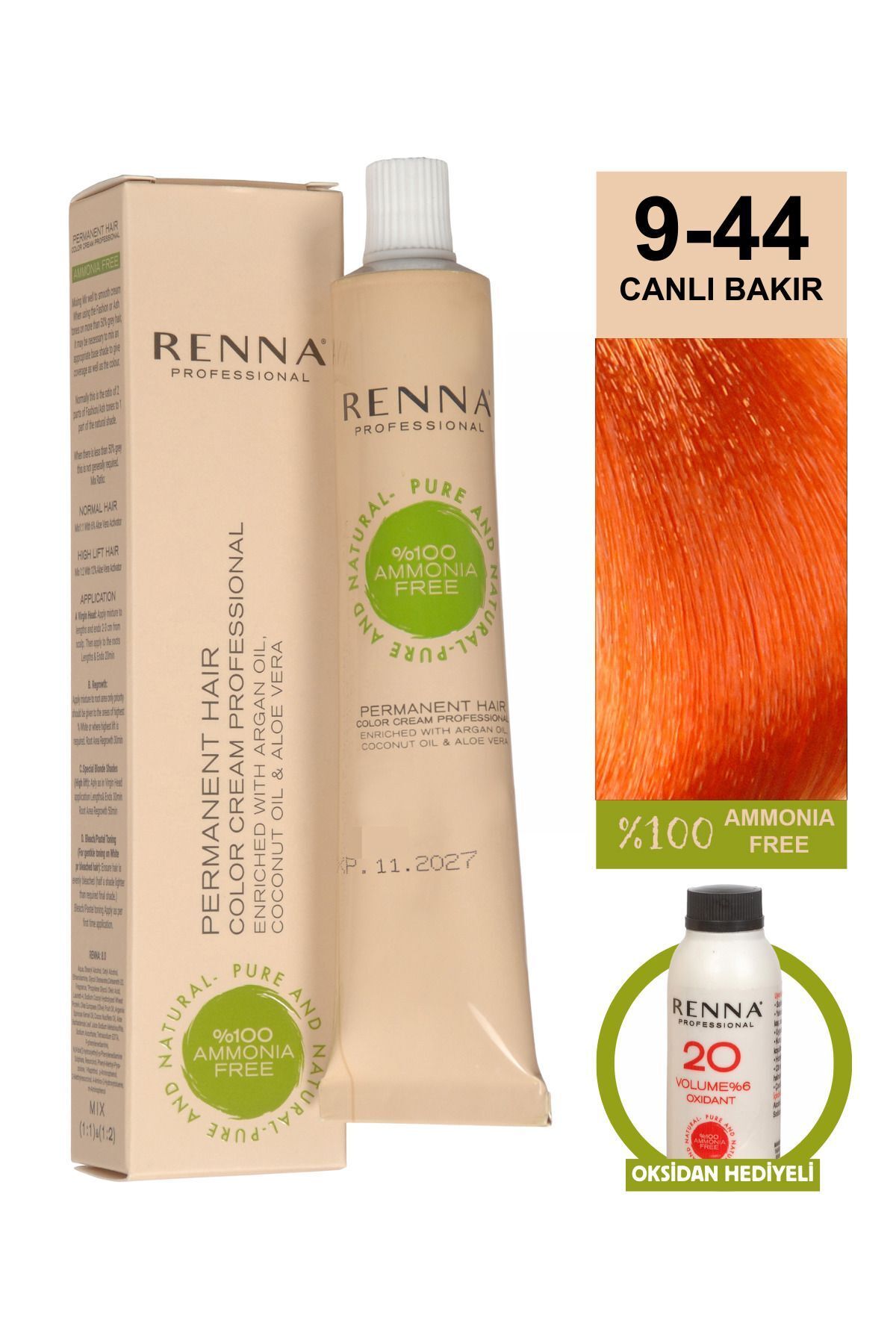 Renna AMONYAKSIZ Bitkisel Yıpranmış Saçlar İçin Saç Boyası 9-44 CANLI BAKIR 60ml