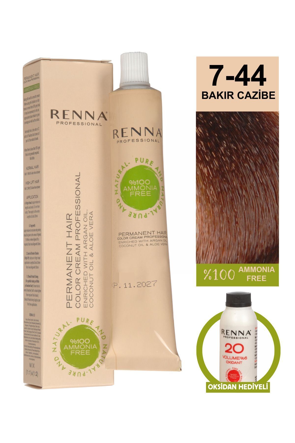 Renna AMONYAKSIZ Bitkisel Yıpranmış Saçlar İçin Saç Boyası 7-44 BAKIR CAZİBE 60ml