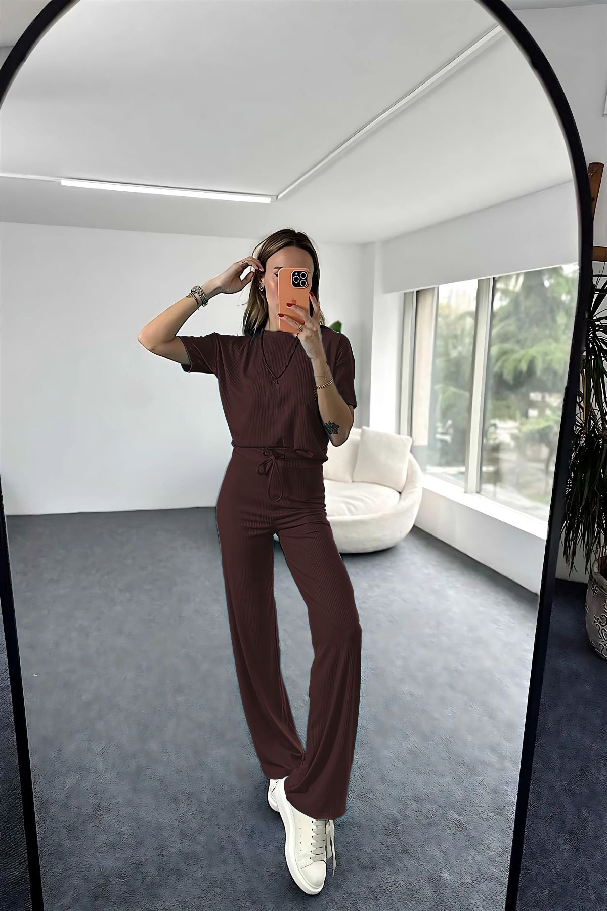 CMZ COLLECTİON Rahat Fit Fitilli Kısa Kollu Kadın İkili Takım - ( Lacivert / Kahverengi / Siyah / Gri / Bej)