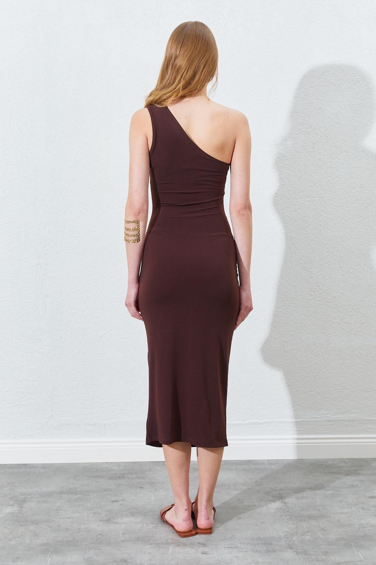 TENA-Women's Brown One Shoulder Side Draped Sandy Dress 8