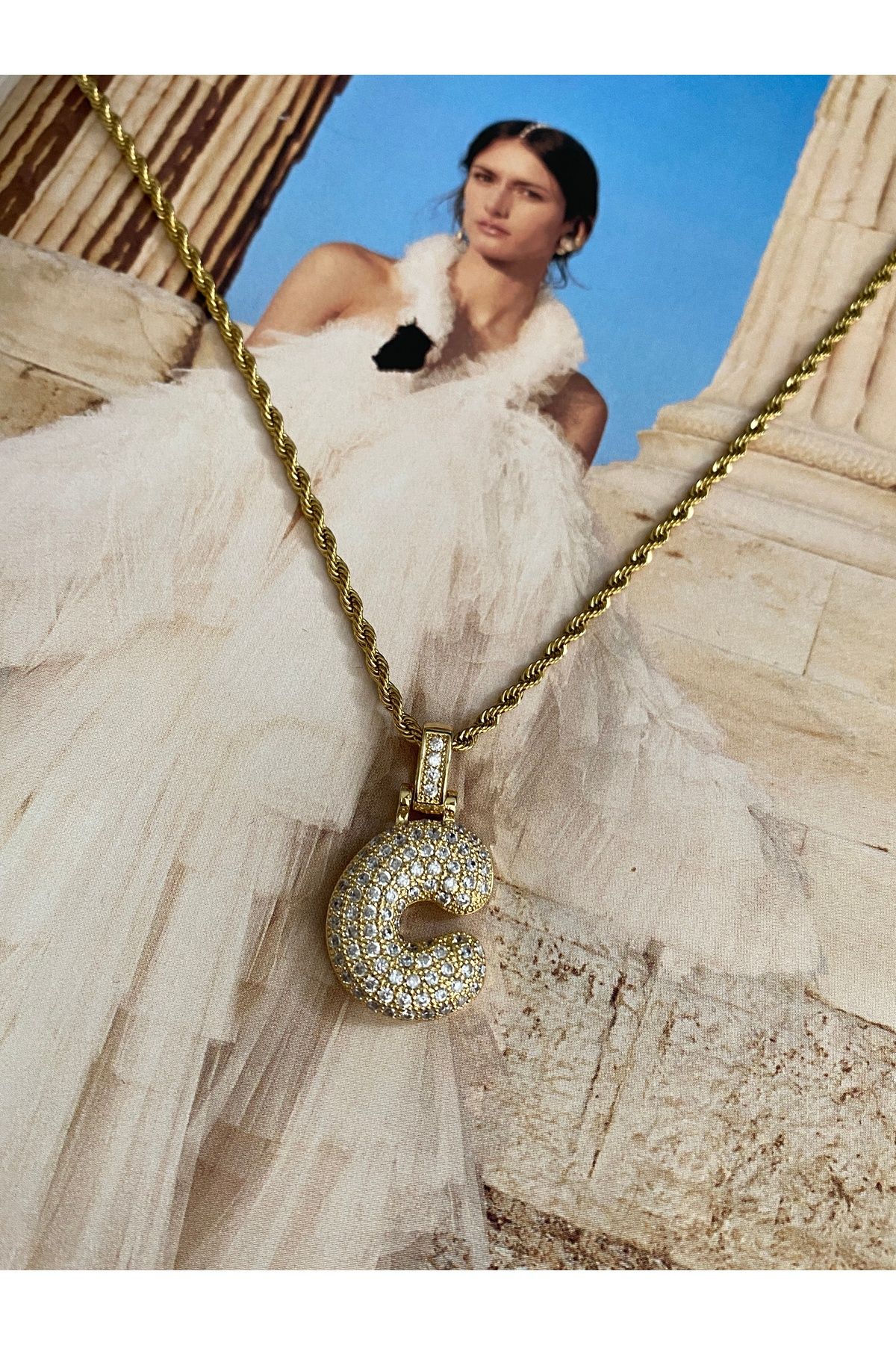 Pinery Jewels Balon Harf Tombul Burgu Zincirli Zirkon Taşlı Kararmaz Paslanmaz Çelik Kadın Kolye