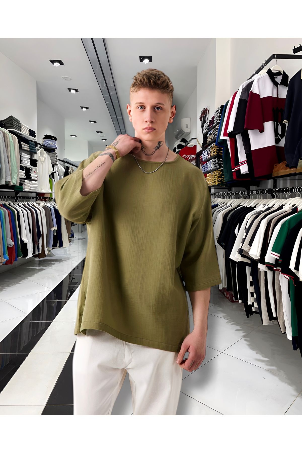 Higo Man Keten Pamuk Fakir Kol Oversize T-Shirt