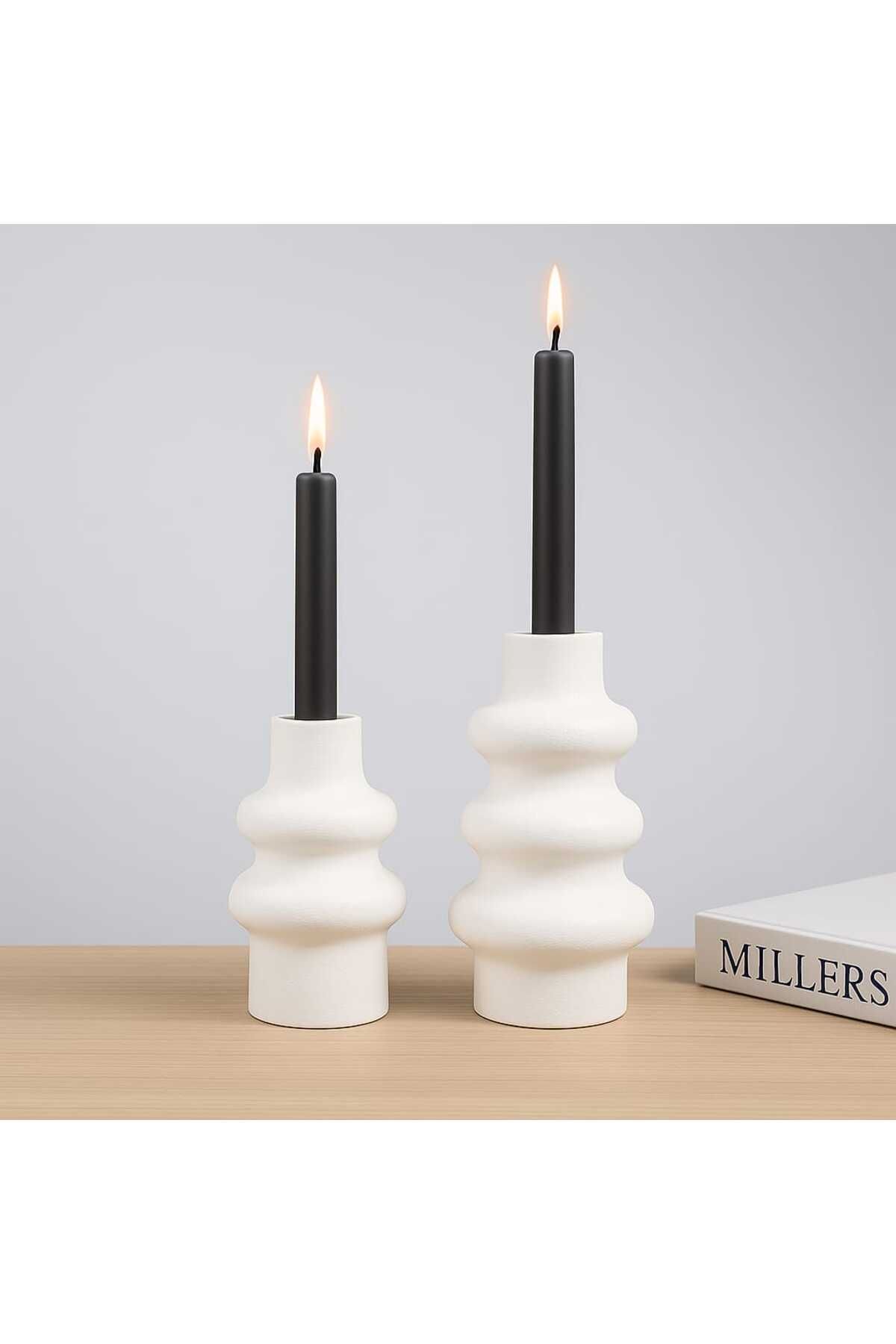 mebaconcept Doğal Ahşap Beyaz Şamdan Seti 12.5cm & 10cm El Yapımı, Rustik Dekoratif 2'li Mumluk Modern