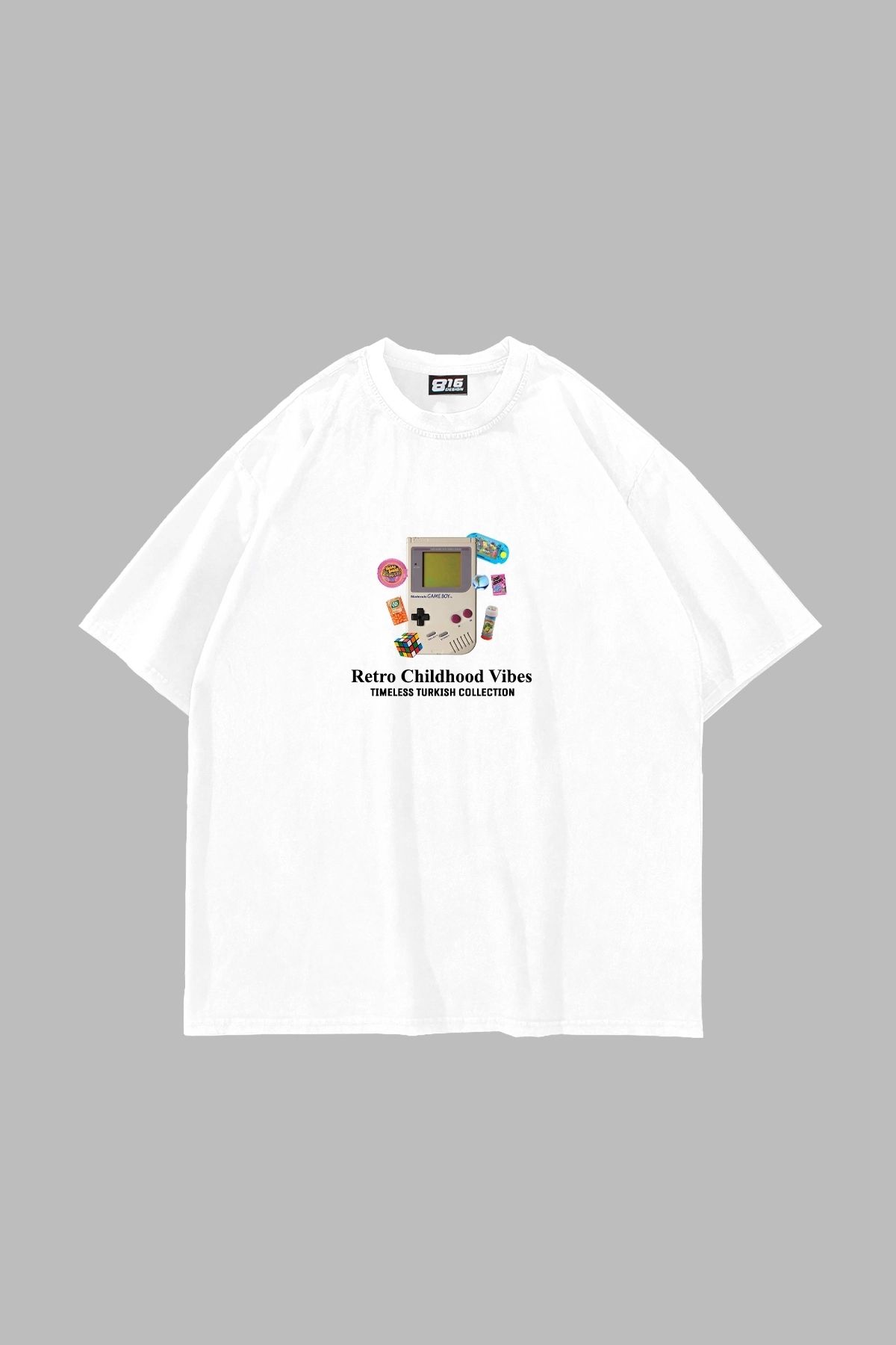 Sekizbiraltı Retro Childhood Vibes Baskılı Oversize Unisex Beyaz Tshirt