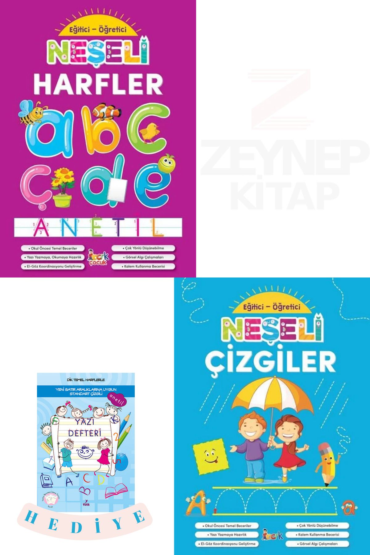 Bıcırık Çocuk Eğitici Öğretici Neşeli Harfler ve Neşeli Çizgiler 2 Kitap Set(BüyükBoy Mavi Yazı Defteri Hediye)