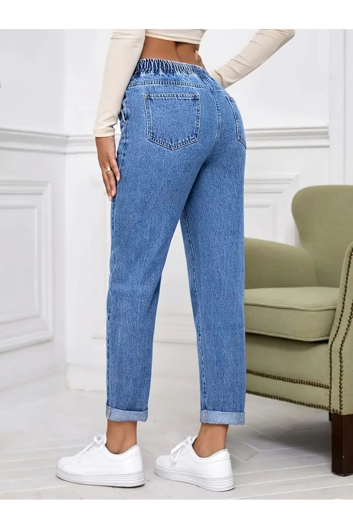 beeke Alessi Kadın Mavi Jeans İnce Kot Kumaş Beli Lastikli Yüksek Bel Dar Paça Yazlık Denim Kot Pantolon