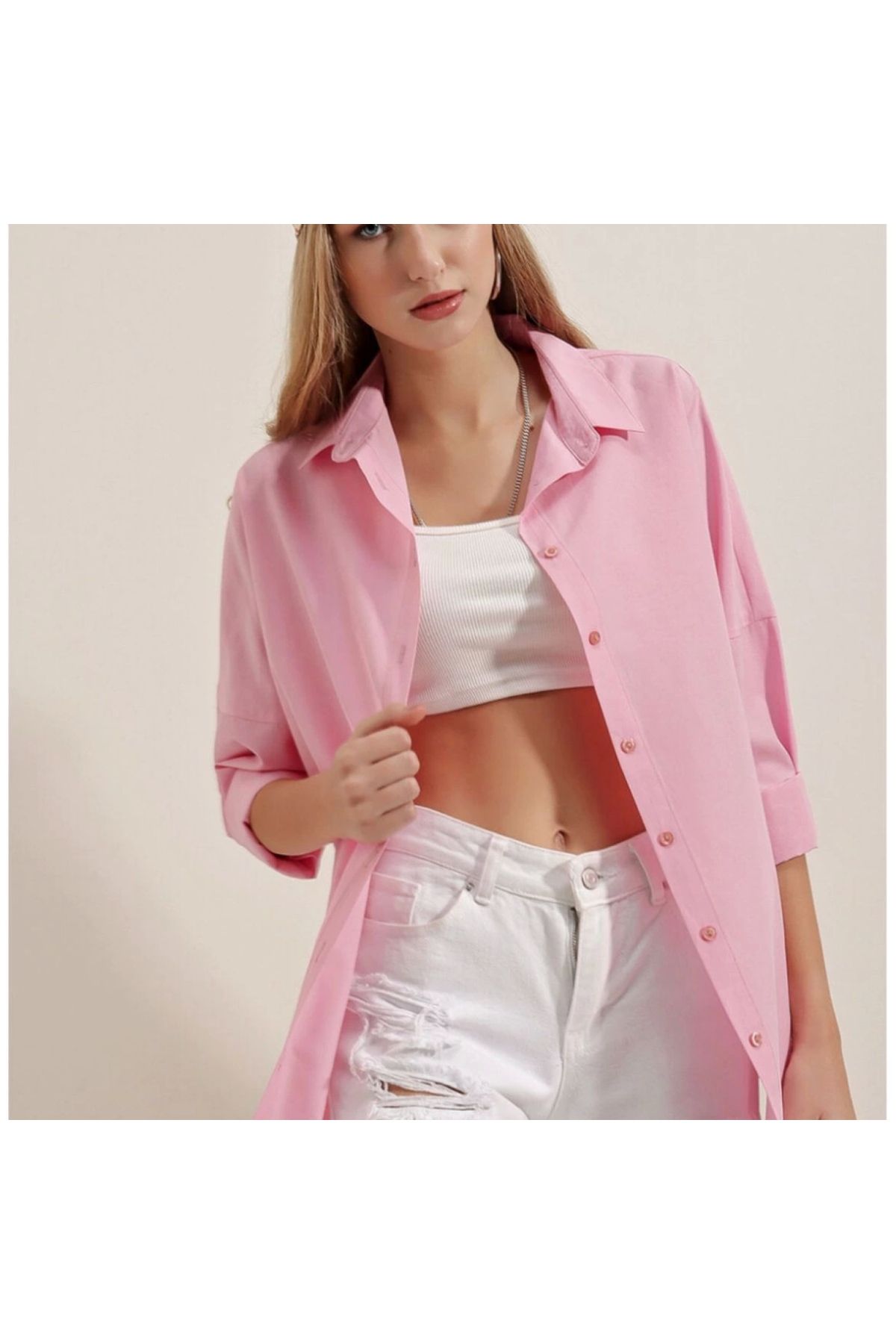 ALPERBUTİK PEMBE OVERSİZE GÖMLEK