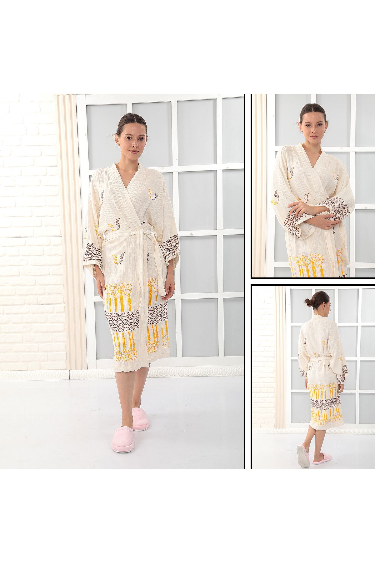 Almir Home %100 Pamuklu Müslin Kimono Yeni Nesil Bornoz Kaftan Sabahlık - El Baskılı
