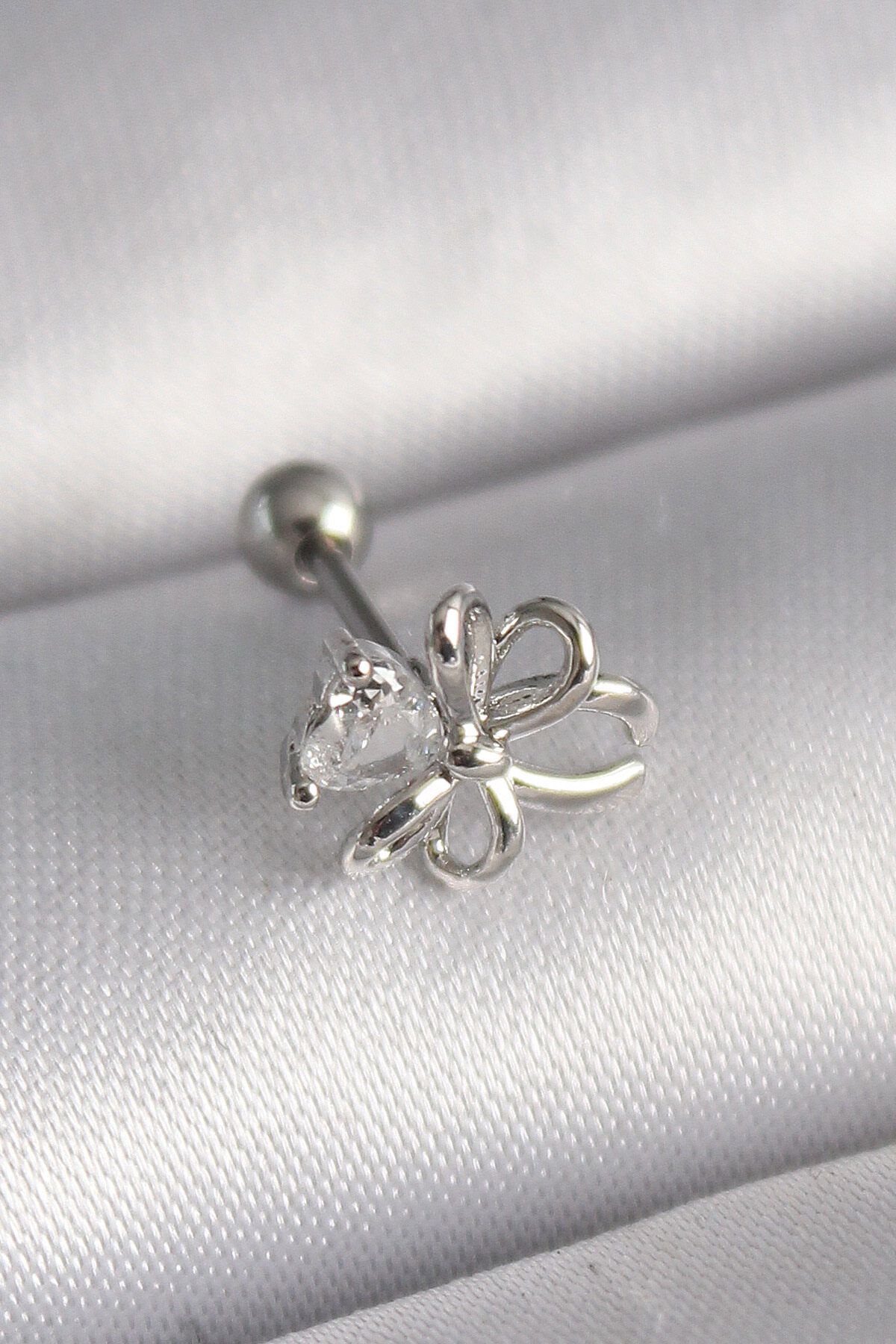 melfxxl eticaret 316L Çelik Gümüş Renk Zirkon Taş Detay Kurdele Model Tragus Piercing - Lisinya