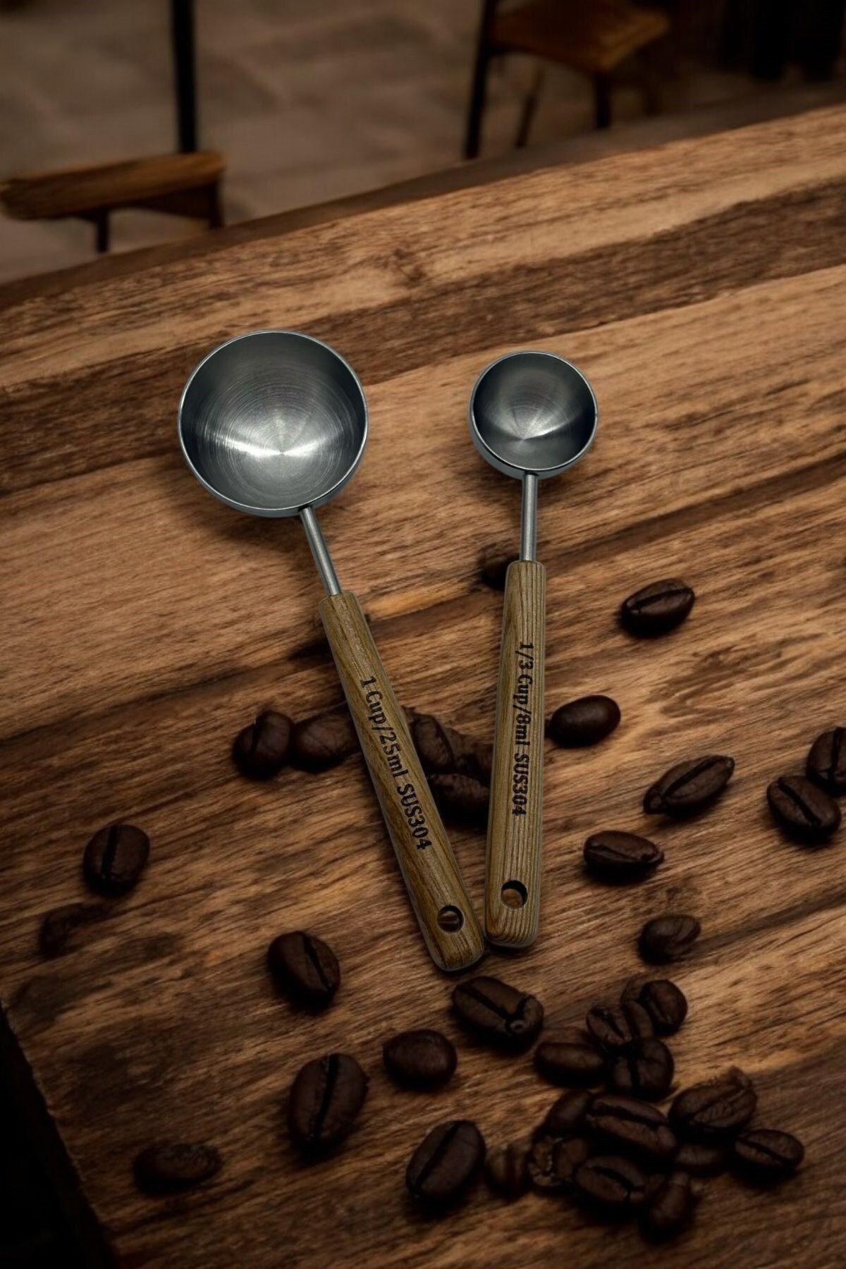 morponi-Set of 2 Measuring Spoons with Wooden Handle 8 ml - 25 ml Silver 3