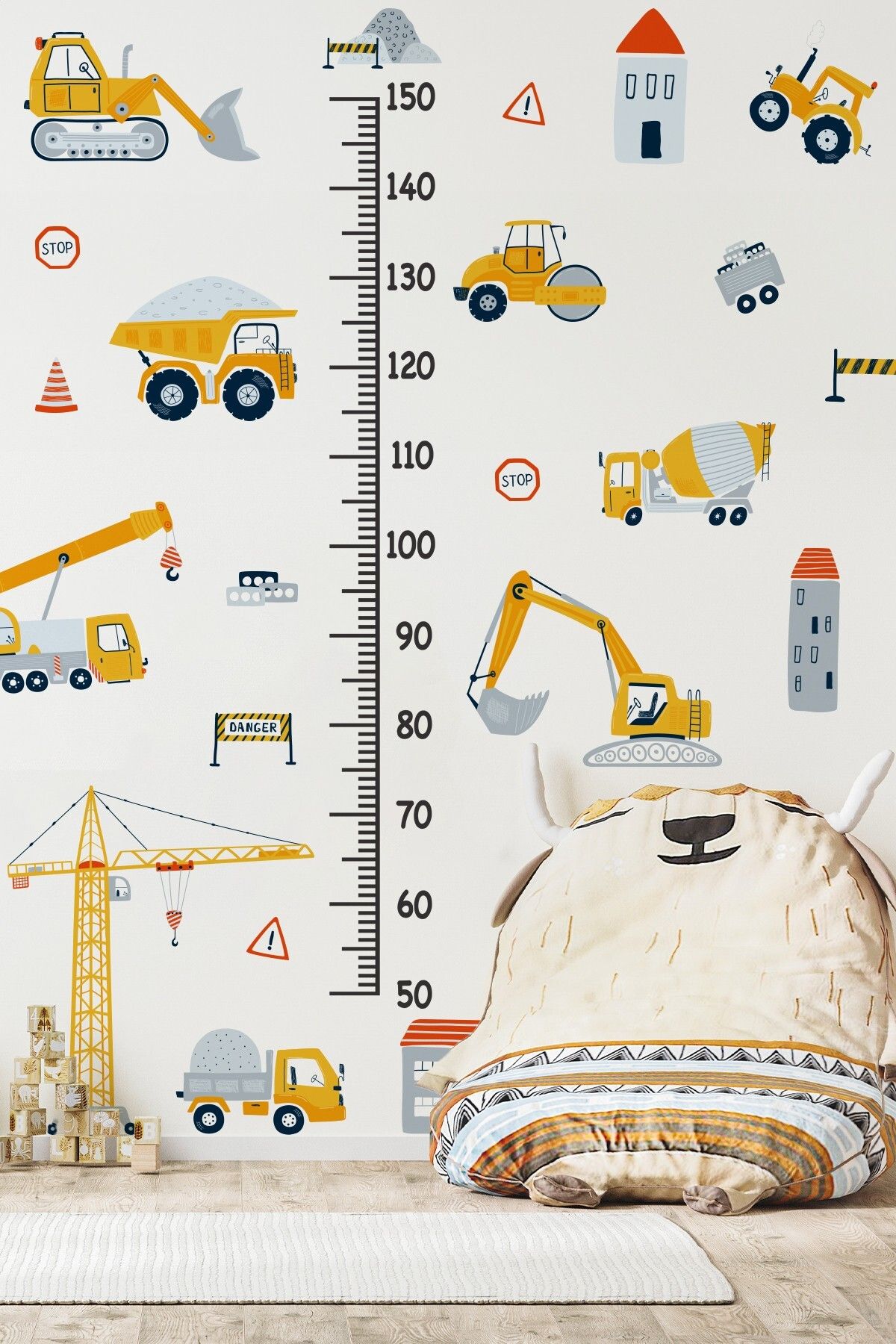 MSticker İş Makinaları Temalı Boy Cetvelli Çocuk Bebek Odası Sticker Seti Boy Cetveli İş Makinalı Sticker