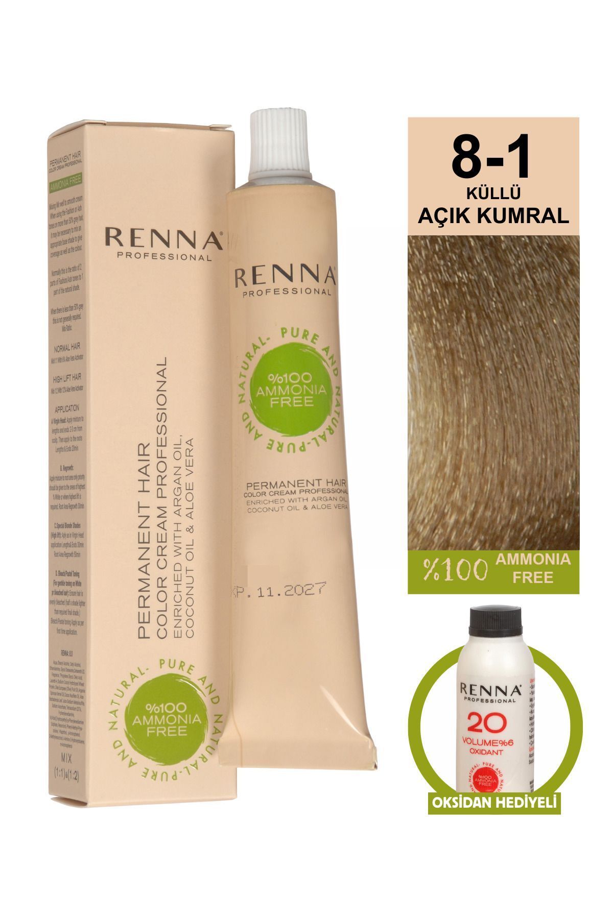 Renna AMONYAKSIZ Bitkisel Yıpranmış Saçlar İçin Saç Boyası 8-1 KÜLLÜ AÇIK KUMRAL 60ml