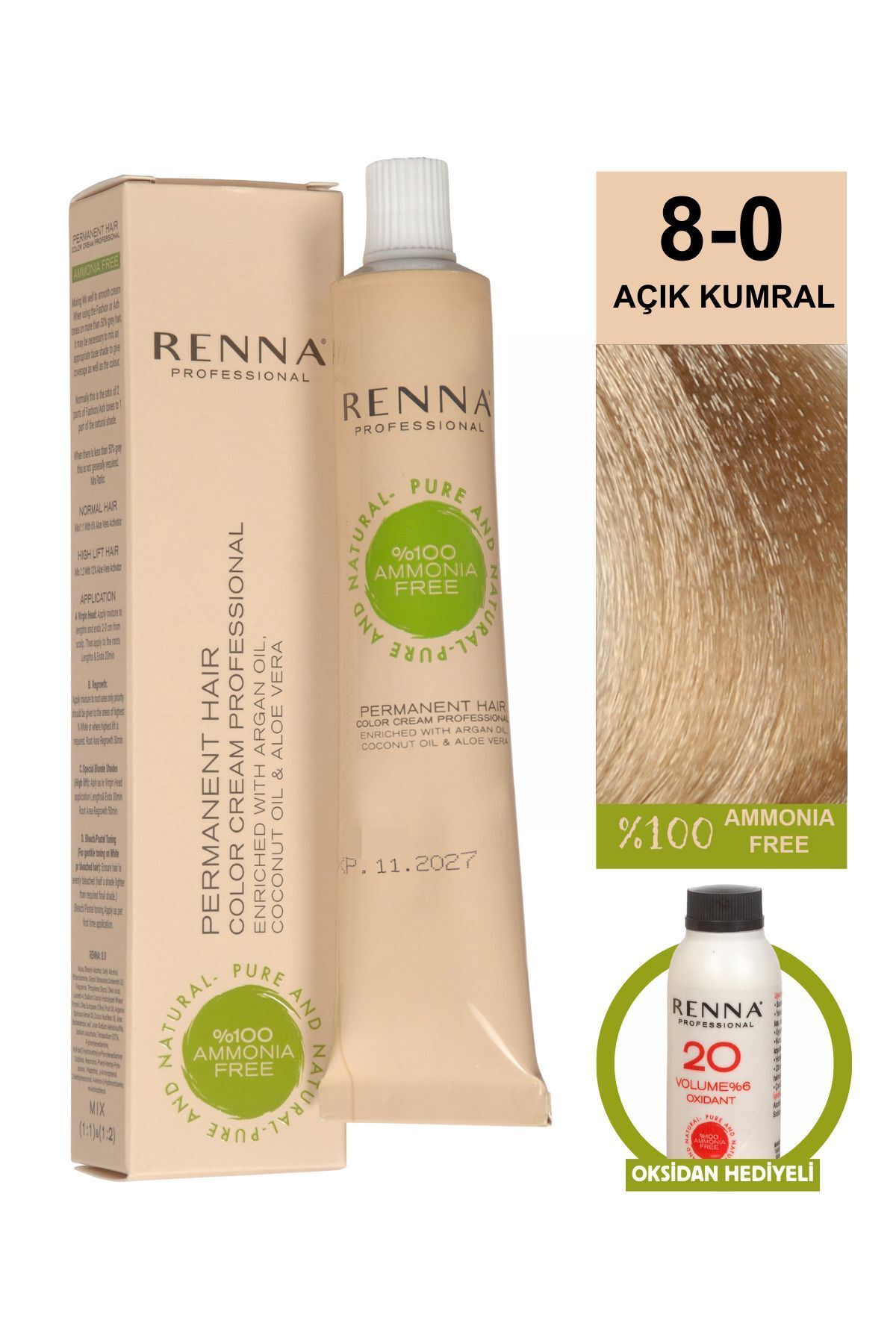 Renna AMONYAKSIZ Bitkisel Yıpranmış Saçlar İçin Saç Boyası 8-0 AÇIK KUMRAL 60ml
