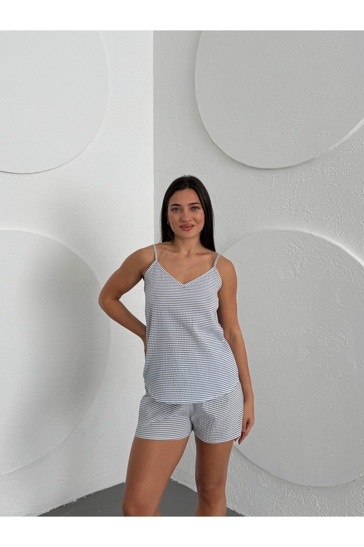 XICCOO Pamuklu Pötikareli Gofre Şort Dokuma Pijama Takımı