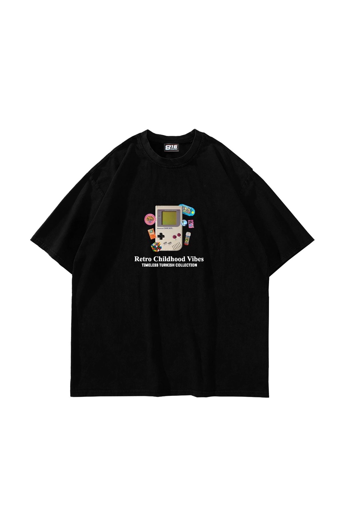 Sekizbiraltı Retro Childhood Vibes Baskılı Oversize Unisex Siyah Tshirt