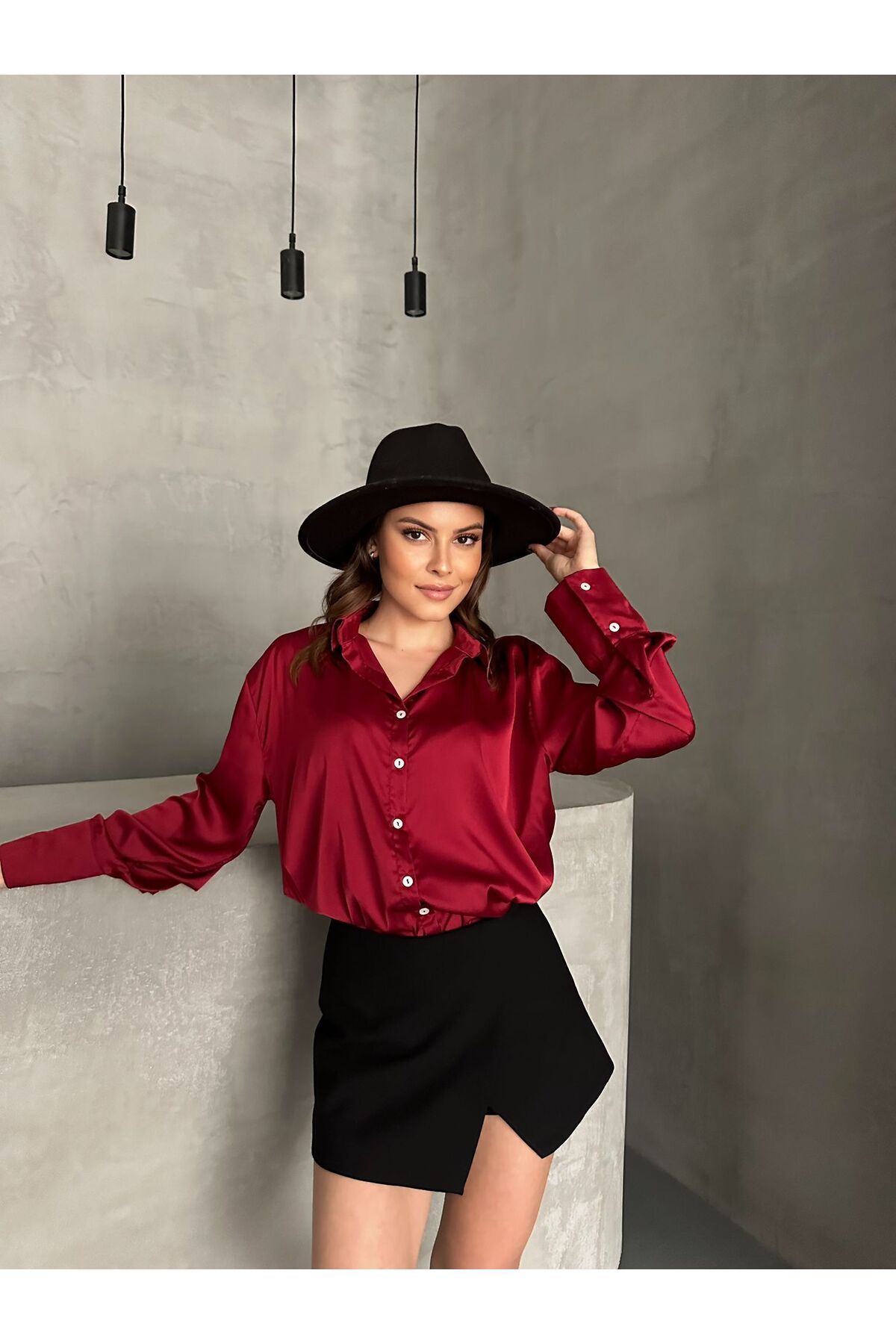 boutiquemery BORDO Saten Premium Gömlek