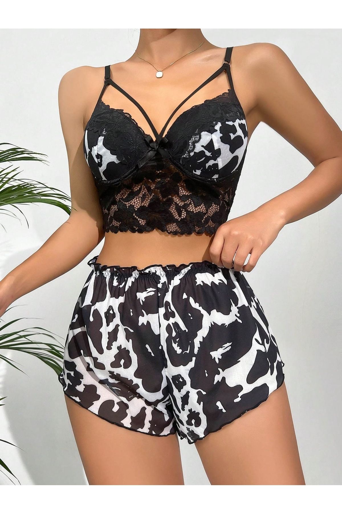Bleu Petite Zebra Desen Büstiyerli Kadın Şortlu Pijama Takım