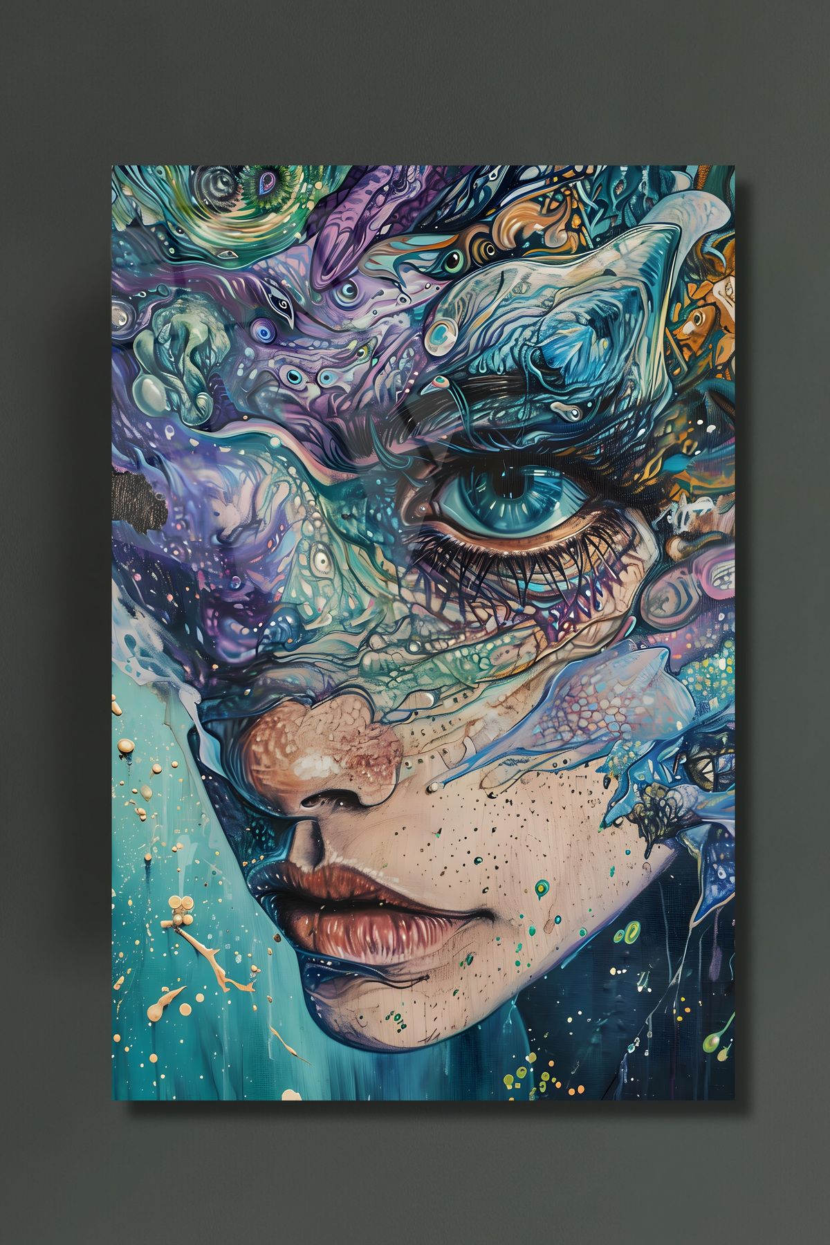 glassartdesign Renkli Desen Kadın Yüzü Cam Tablo-2 - Soyut Sanat Tablo - Modern Tablo
