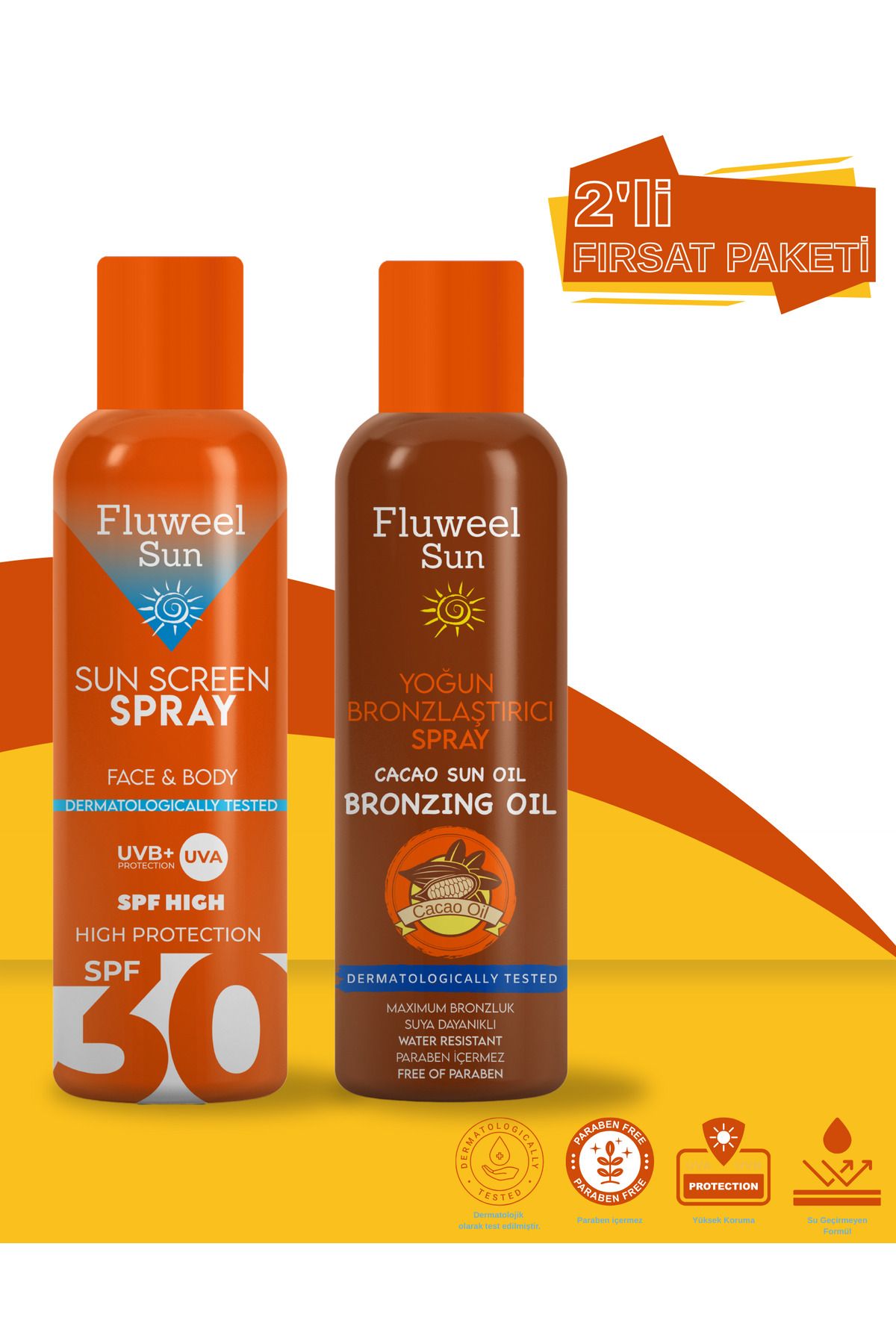 Fluweel Aerosol Güneş Koruyucu Sprey 30 Spf&Yoğun Bronzlaştırıcı Sprey Kakao Yağı 200 ml 2'li Paket