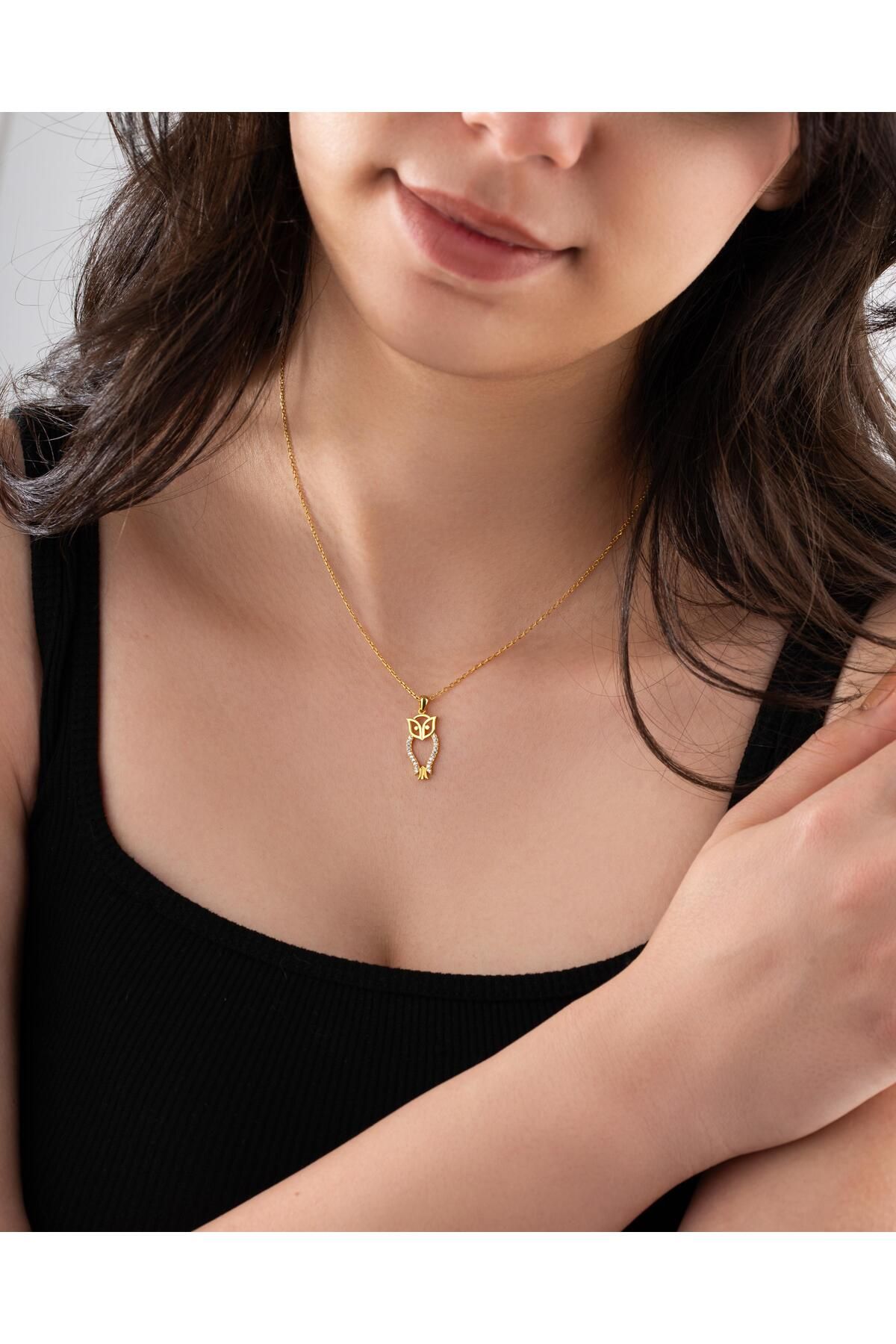Erdobia Zirkon Taşlı Gold Minimal Baykuş Gümüş Kolye