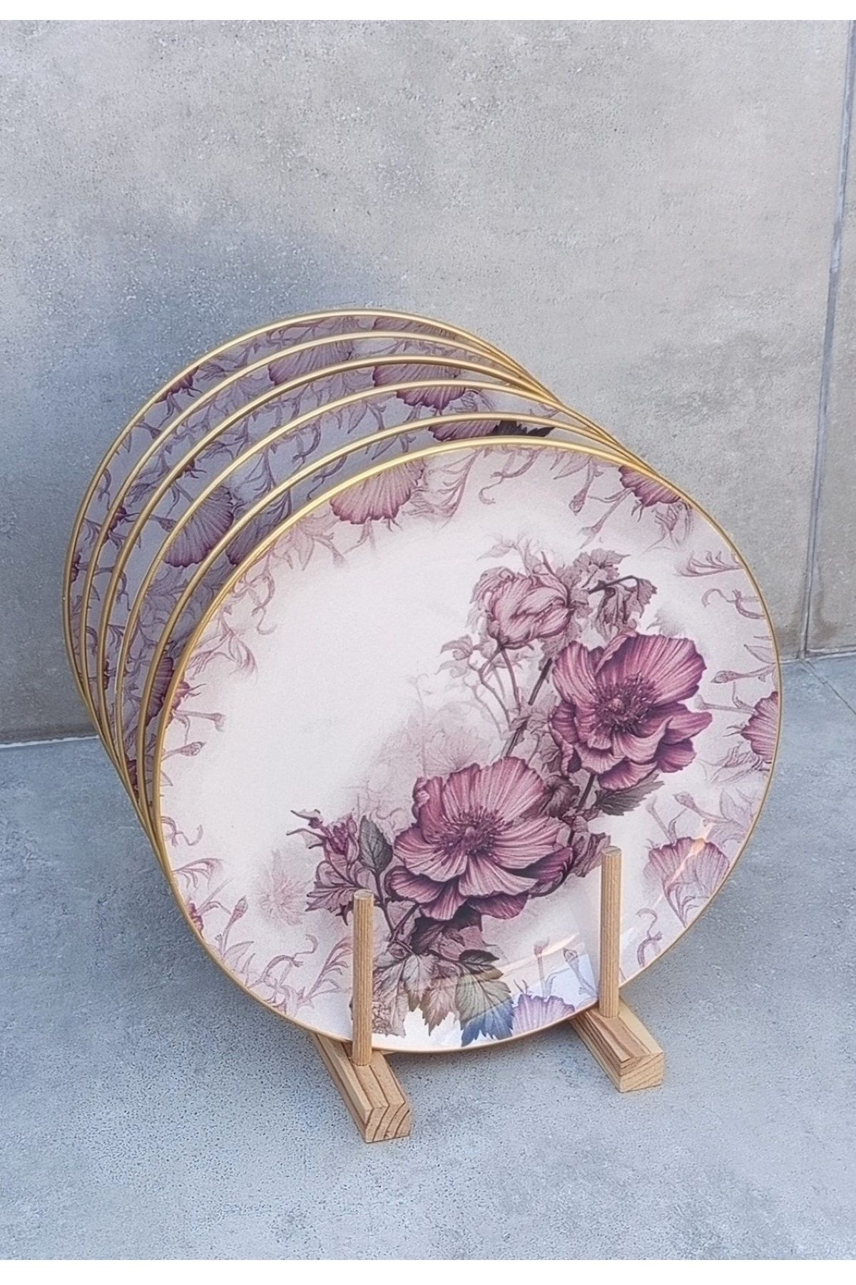 Pinkev 6 Kişilik Mor Çiçekli Seramik Servis Sunum Tabağı - Çap:25cm
