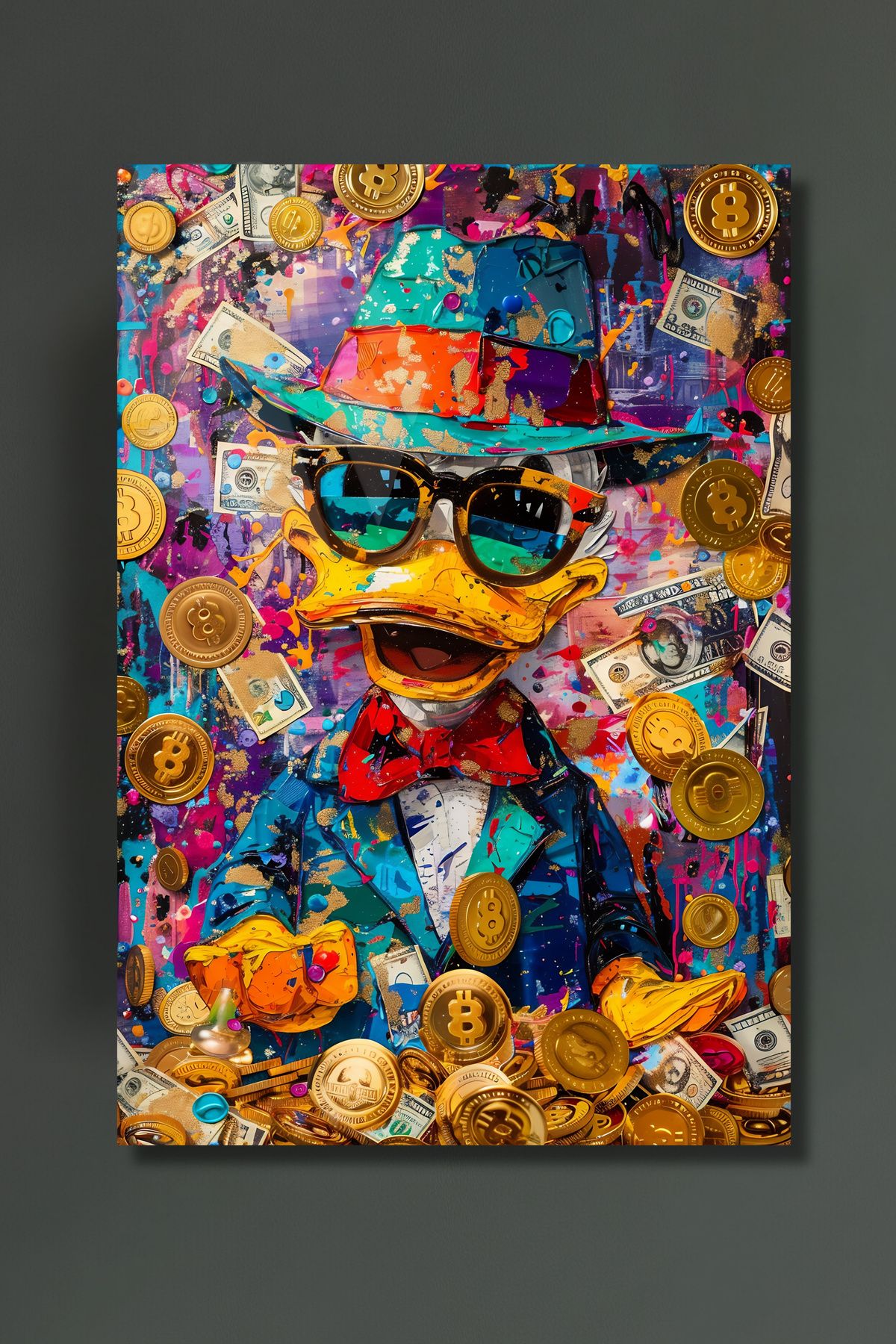 glassartdesign Ördek&Bitcoin&Dolar Cam Tablo-Modern Tablo-Soyut Tablo