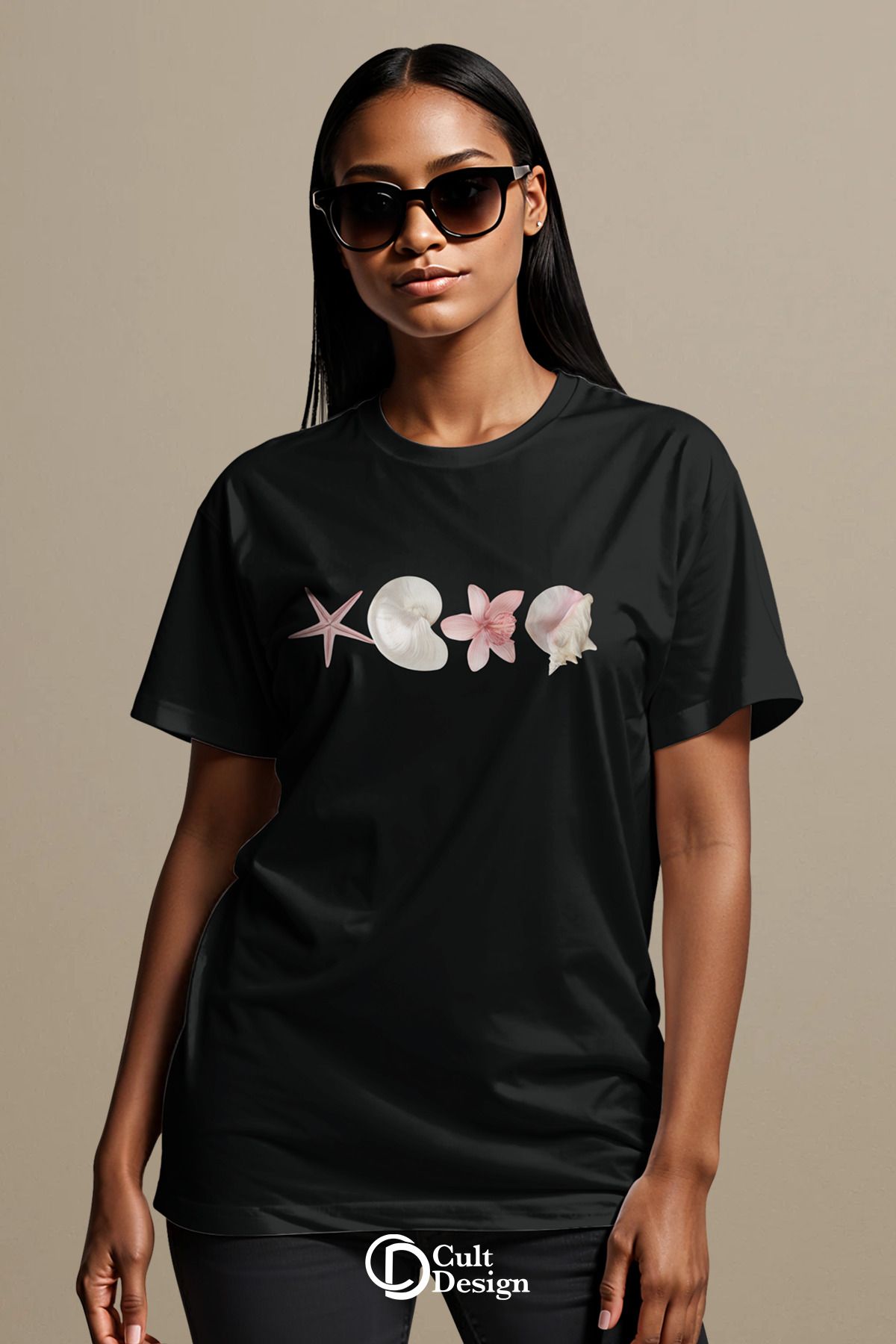 CULTDESİGN DENİZ Kabuğu Baskılı KADIN Özel Premium Baskılı Basic, Organik Pamuklu, Bisiklet Yaka T-Shirt