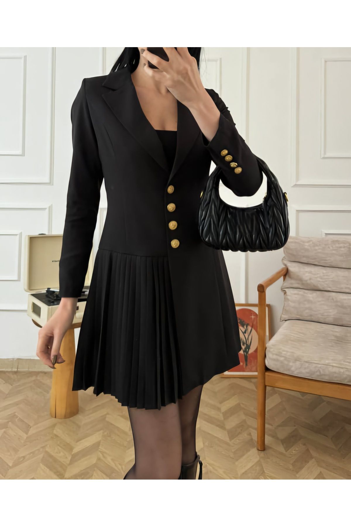 MODA Atlas kumaş Piliseli blazer ceket elbise