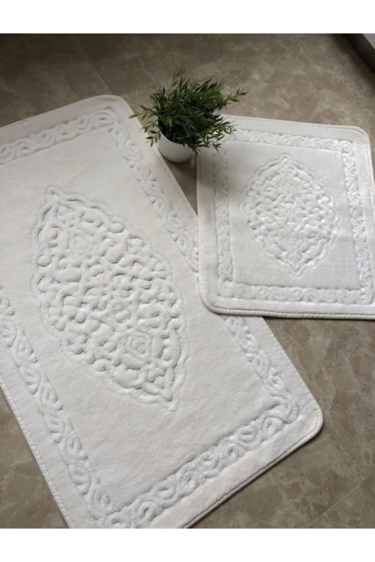 Çelsa Home Pamuklu 2'li Düz Kenar Banyo Paspas Takımı Damask Desen Ekru