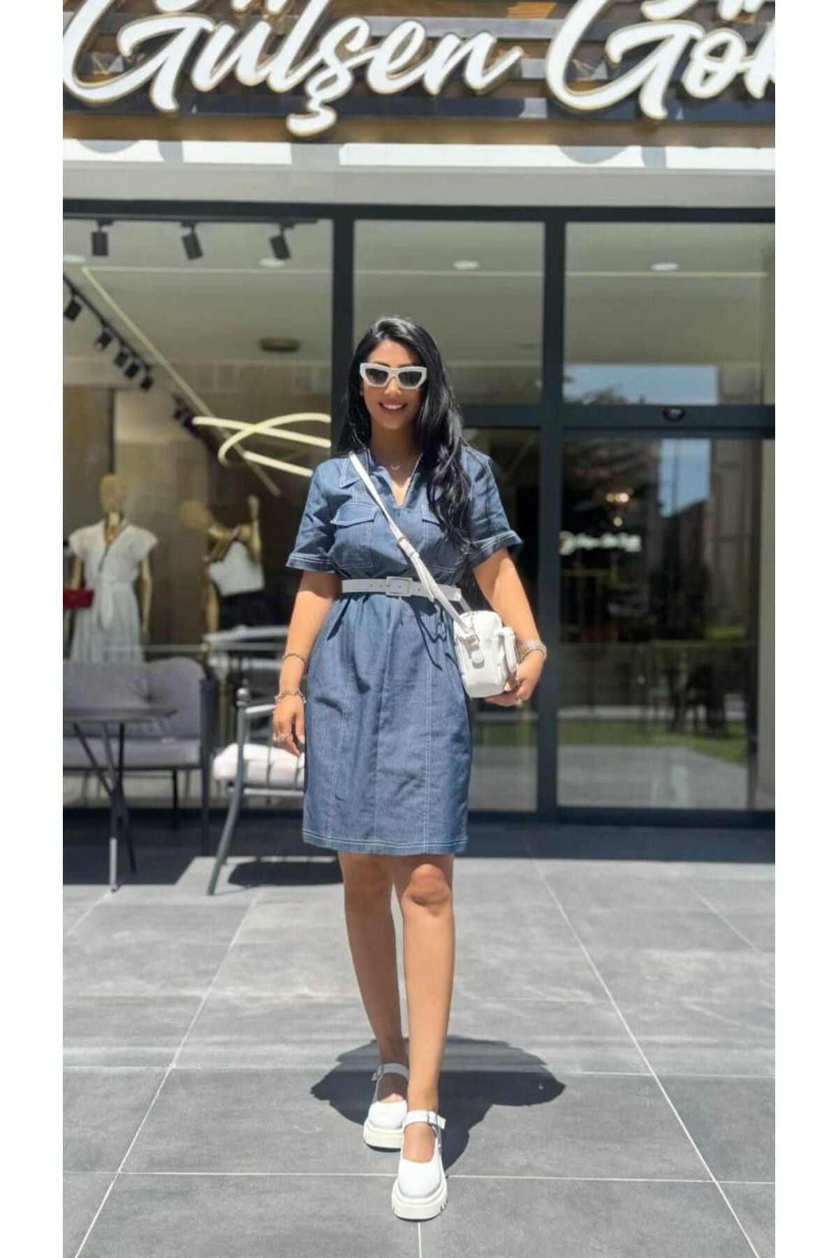 Gülşen Gök Butik Kemerli Cep Detay Fermuarlı Kot Elbise