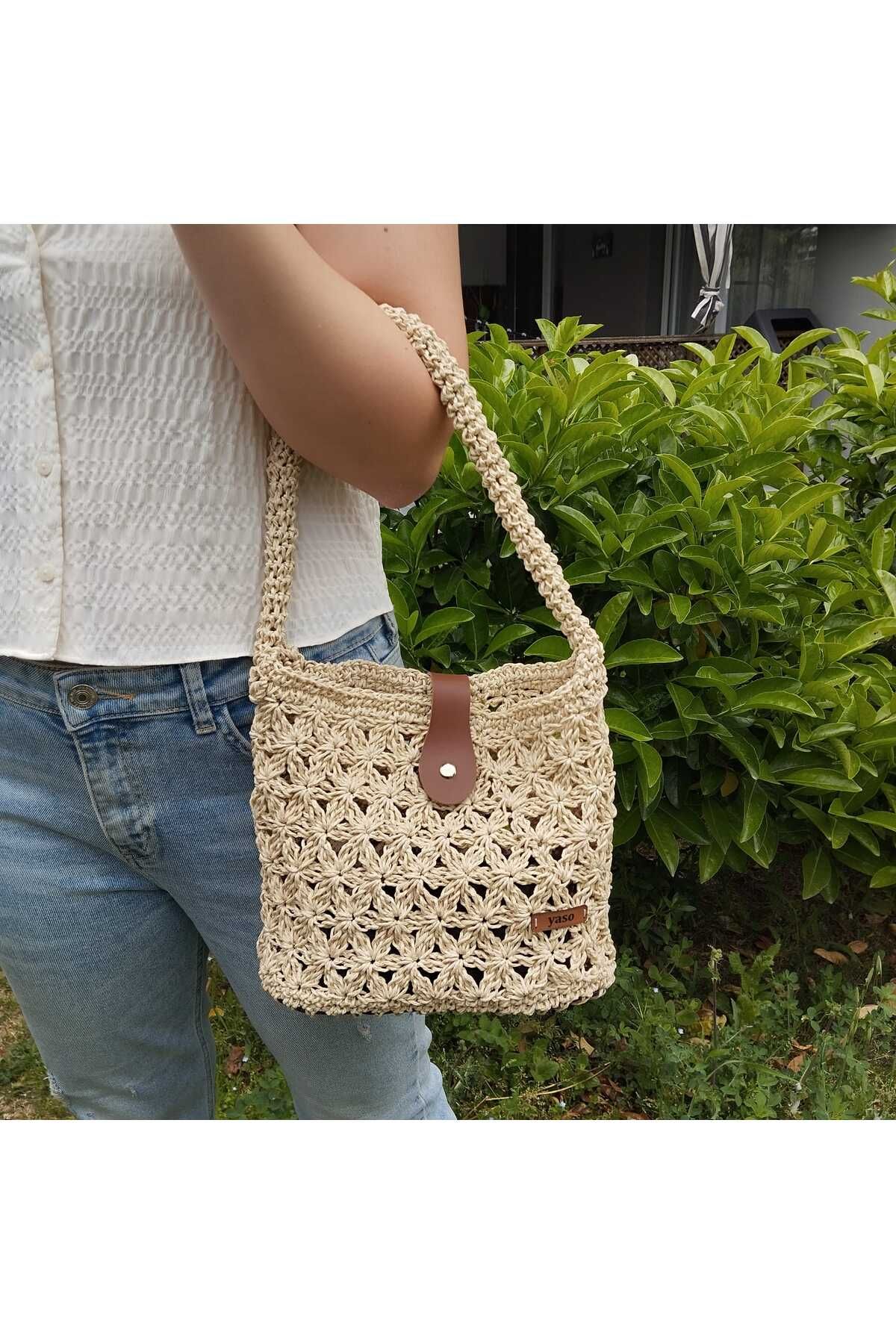 yaso shop Çiçek Desenli Deri Tabanlı Hasır Omuz Çantası El Örgüsü Kağıt Ip
