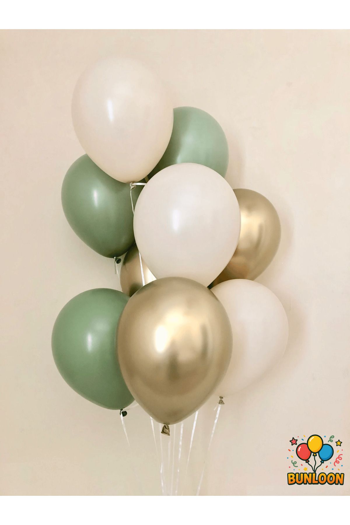 Bunloon Okaliptüs Yeşili, Kum Beyazı, Krom Altın 15’li Balon Seti | Boho Renk Balon Seti 15’li