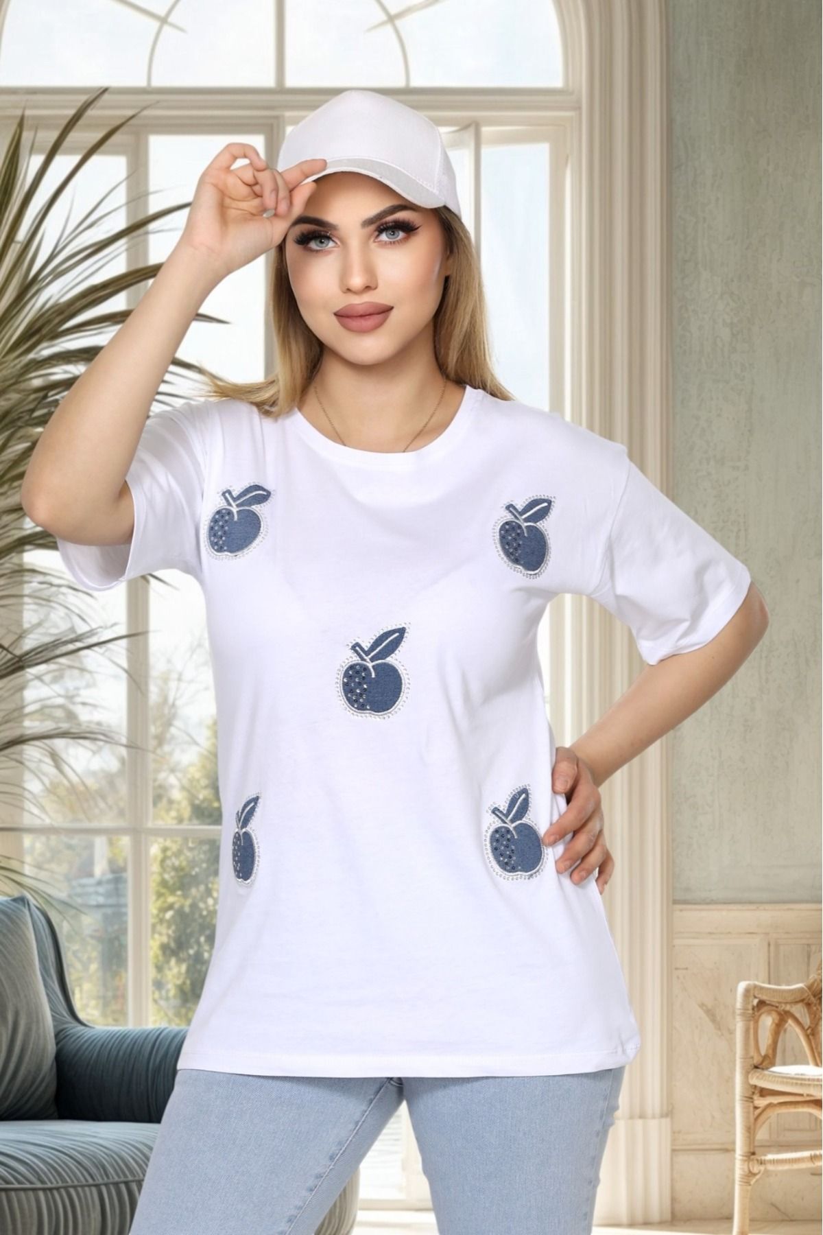 dgs dagıstanlı Kadın %100 Organik Pamuk Relaxed Fit Kot Nakışlı Beyaz T-shirt