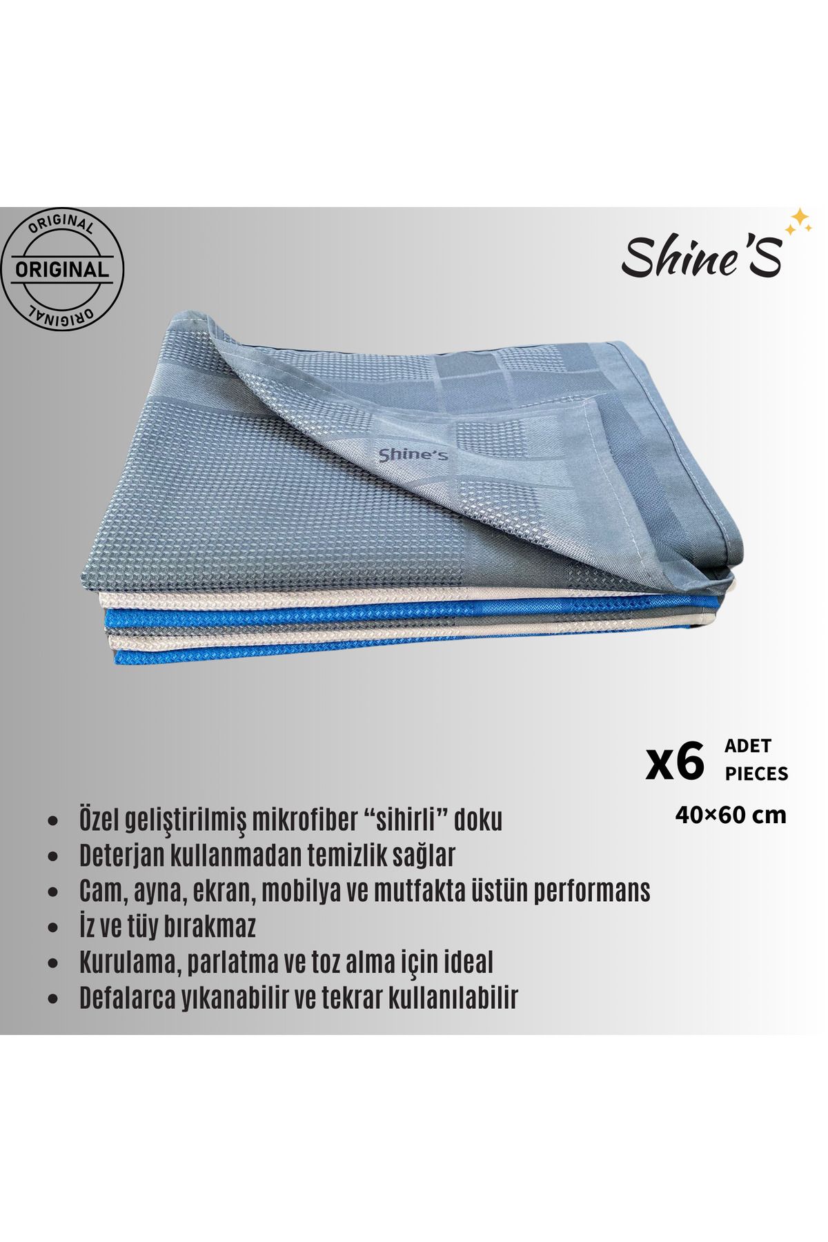 Shines Fabrika Satış Mağazası Shine'S 6'lı mikrofiber temizlik bezi, banyo, mutfak, cam, araba ve tüm yüzeyler (40x60 CM)