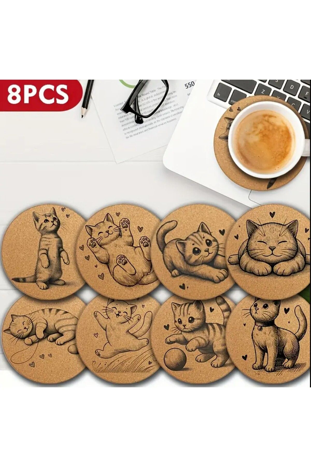 esdekor Odun 8 adet Sevimli Kedi Ahşap Alt Seti Kalp Şekilli Elementlerle