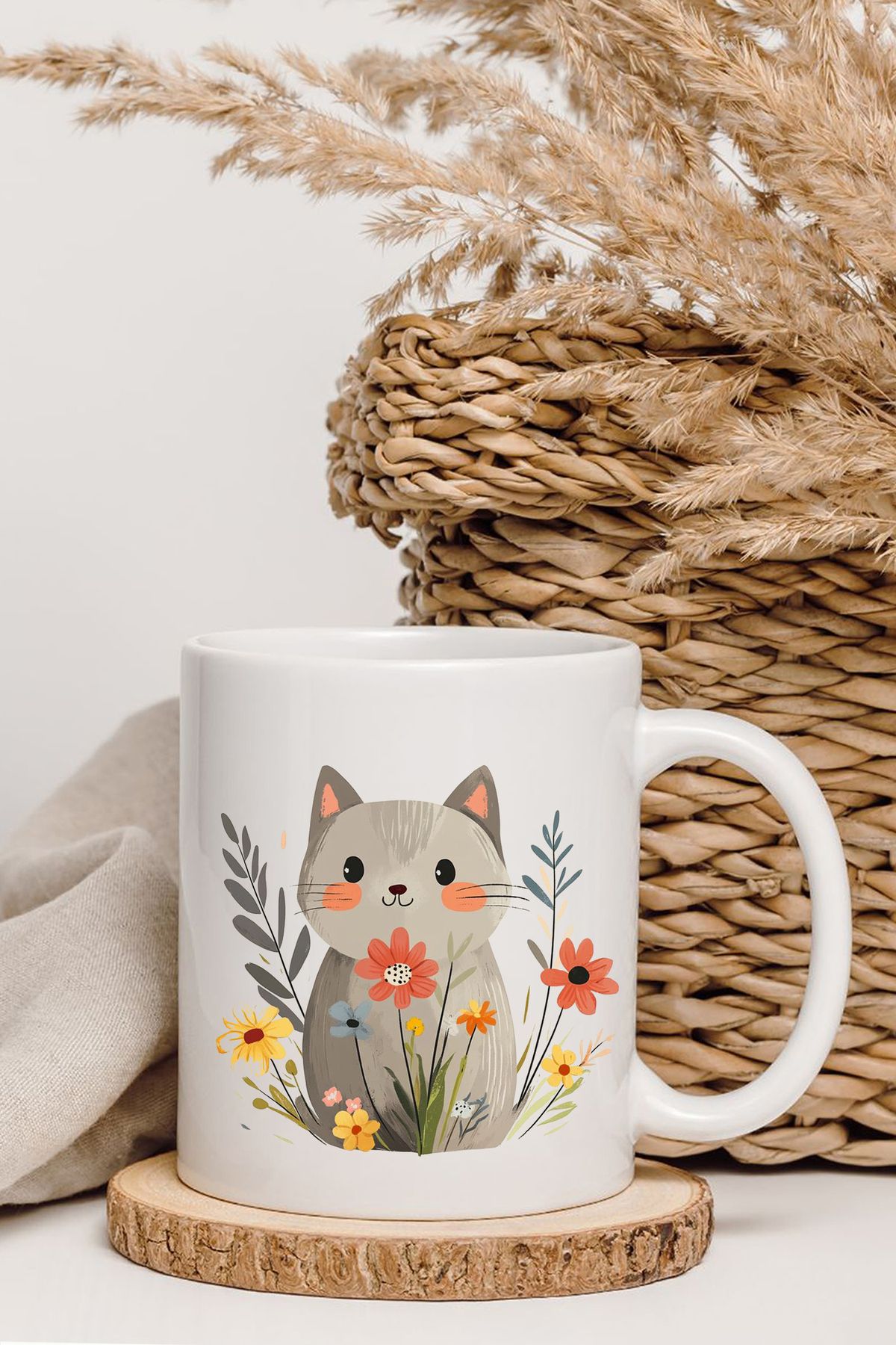 shop Çiçekli Kedi Tasarım Baskılı Kupa