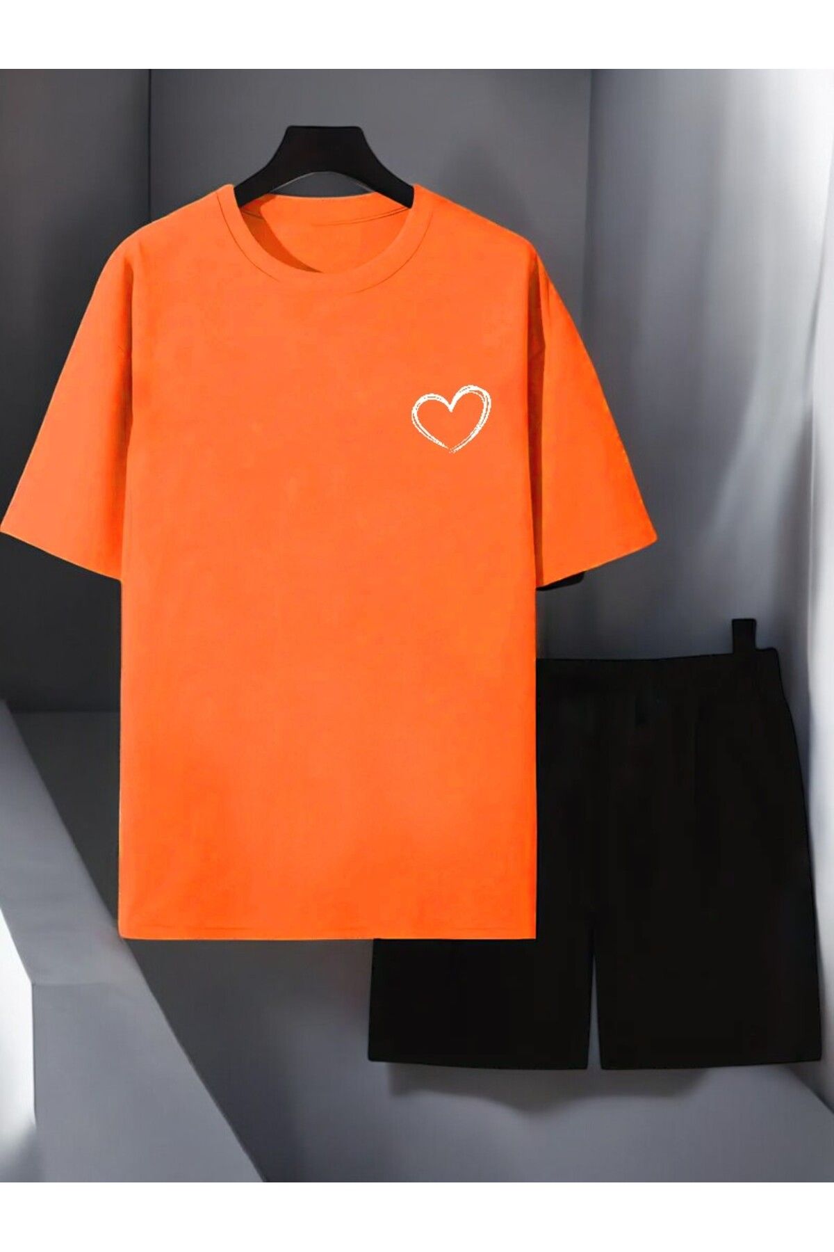 uyguntarz Unisex Cep Kalp Baskılı Tasarım Şort Takım
