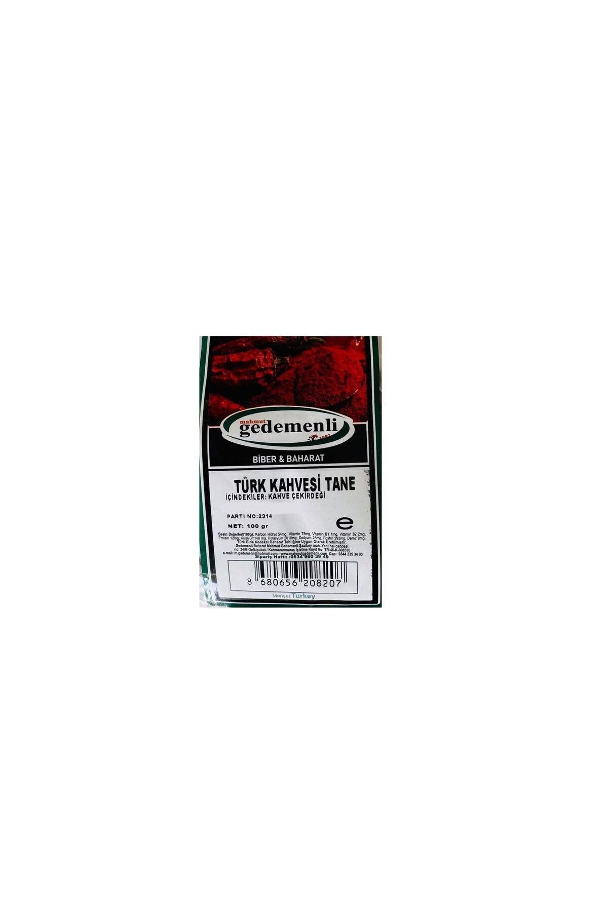 GEDEMENLİ TÜRK KAHVESİ TANE 100 GR