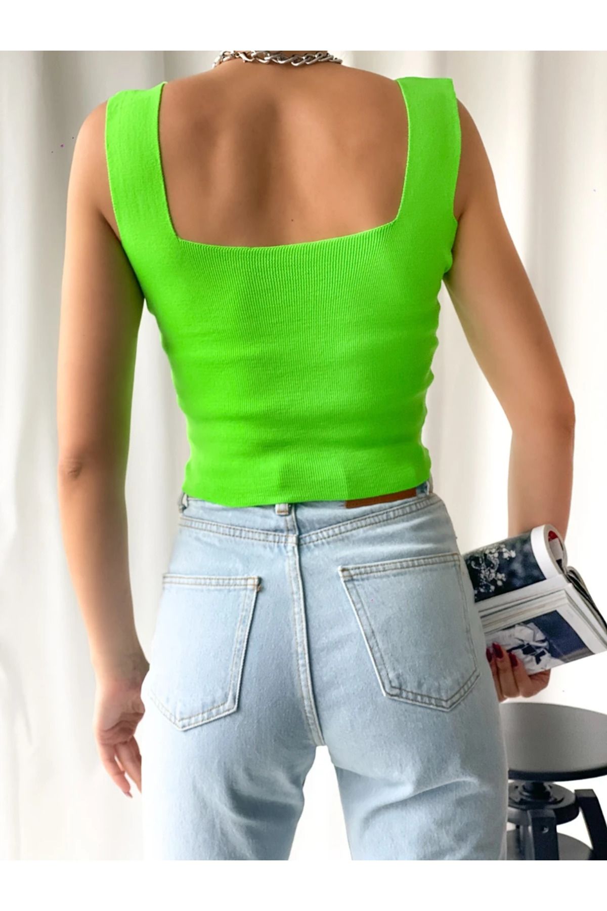 DFL Kare Yaka Crop Triko Bluz