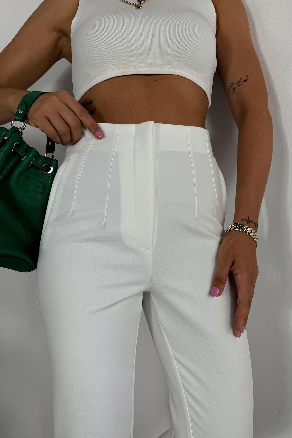 Butik Gardrop Premium Kalite Yüksek Bel Pensli Kumaş Pantolon Beyaz