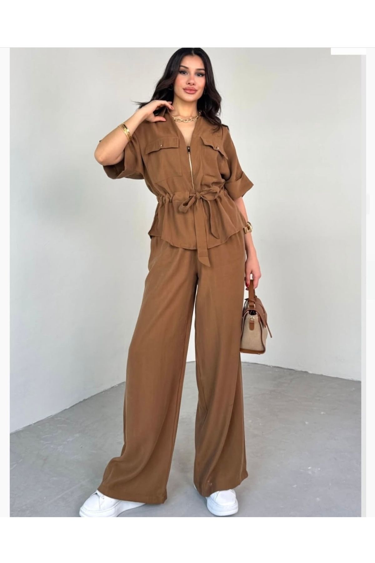 boutiquemery CAMEL Ceket & Beli Lastikli Pantolon Takım