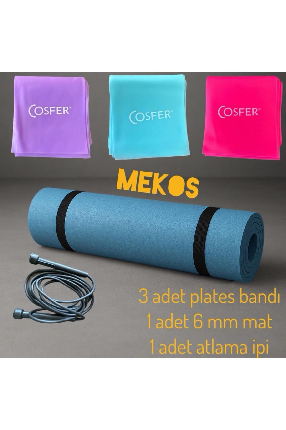 MEKOS Premium PİLATES SETİ 5'li Set 1 adet 6mm Plates Yoga Minderi Matı- 3 adet Plates Bandı ve Atlama ipi