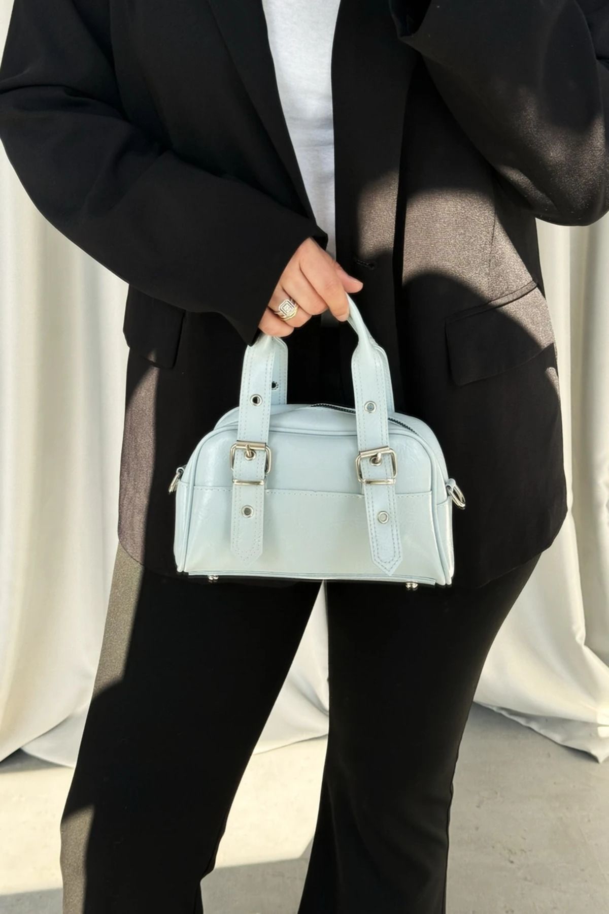 Melos Butik Kadın Bebe Mavisi Çift Kemer Detaylı Deri El Ve Omuz Çantası