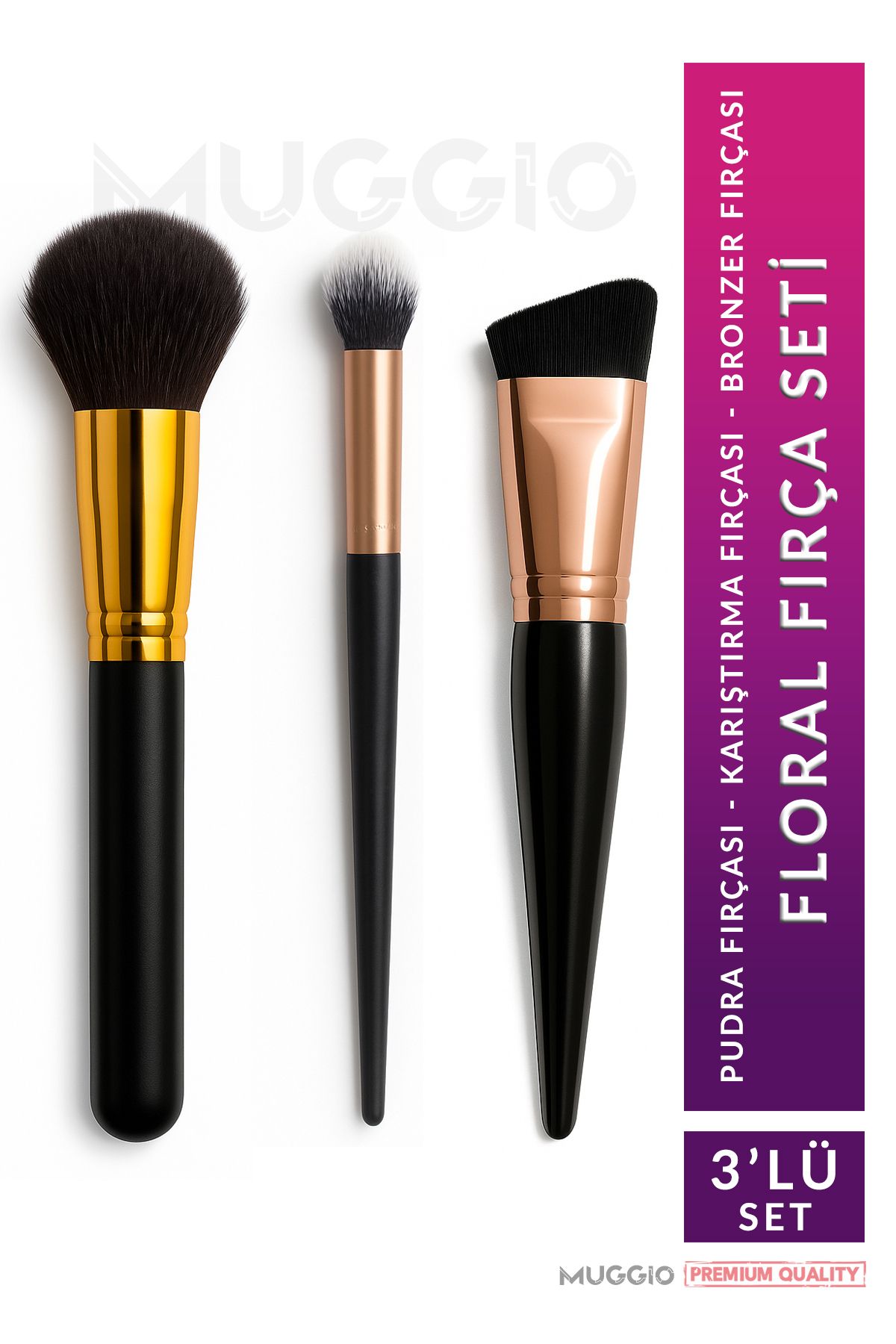 Muggio Floral Premium 3'lü Makyaj Fırça Seti Pudra - Karıştırma - Bronzer Fırçası